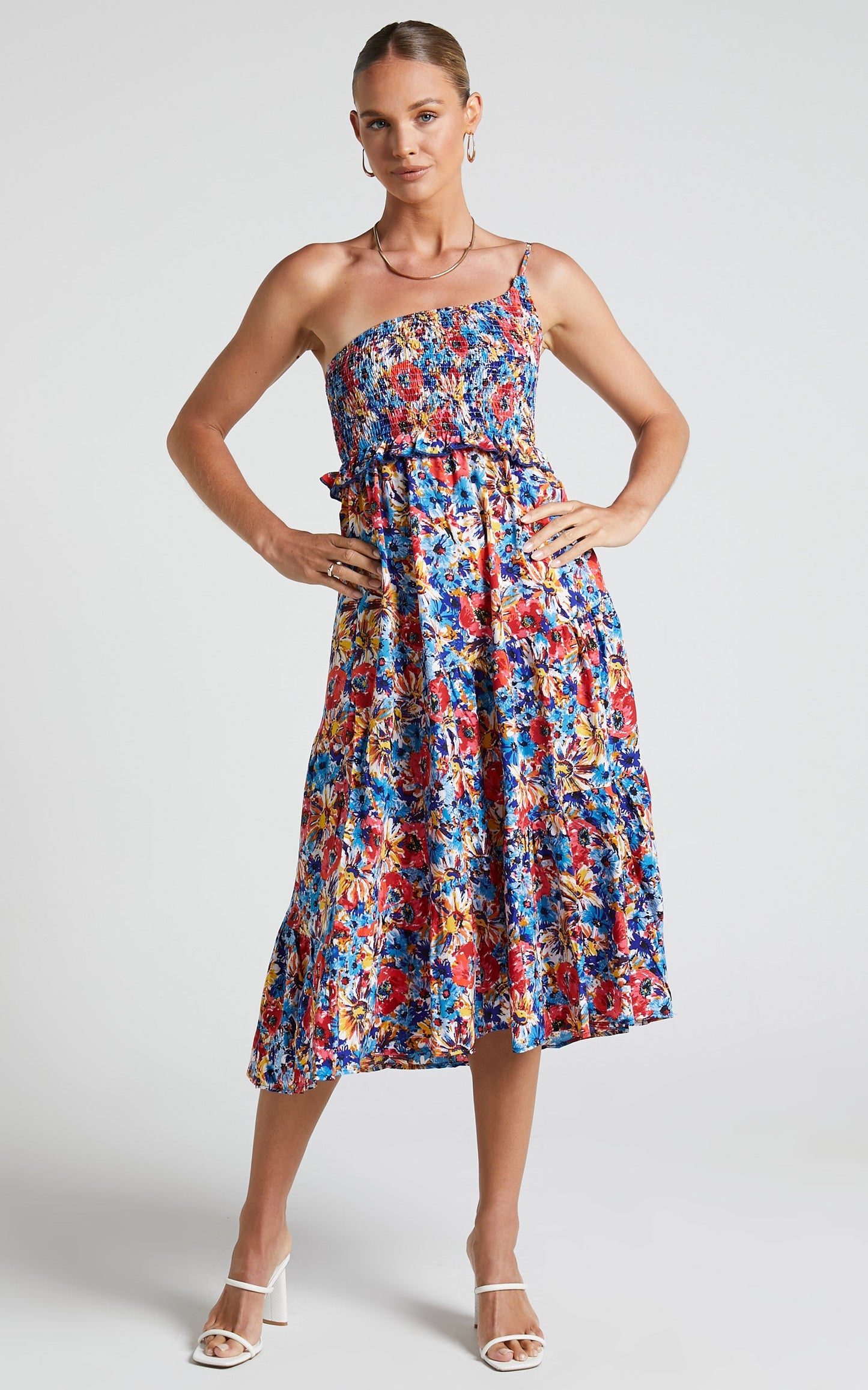 Mima Midi Dress - One Shoulder Shirred Bust Dress in Blue Floral