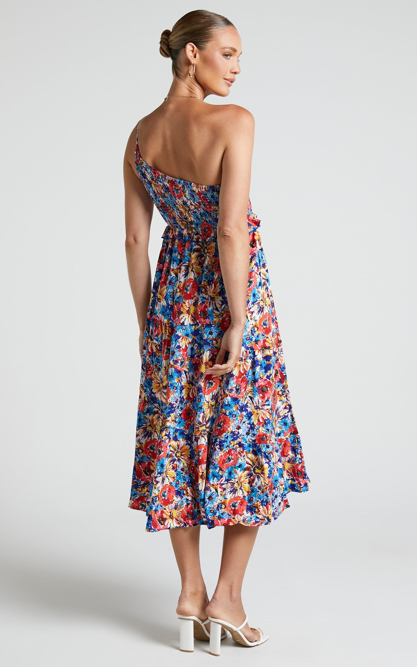 Mima Midi Dress - One Shoulder Shirred Bust Dress in Blue Floral