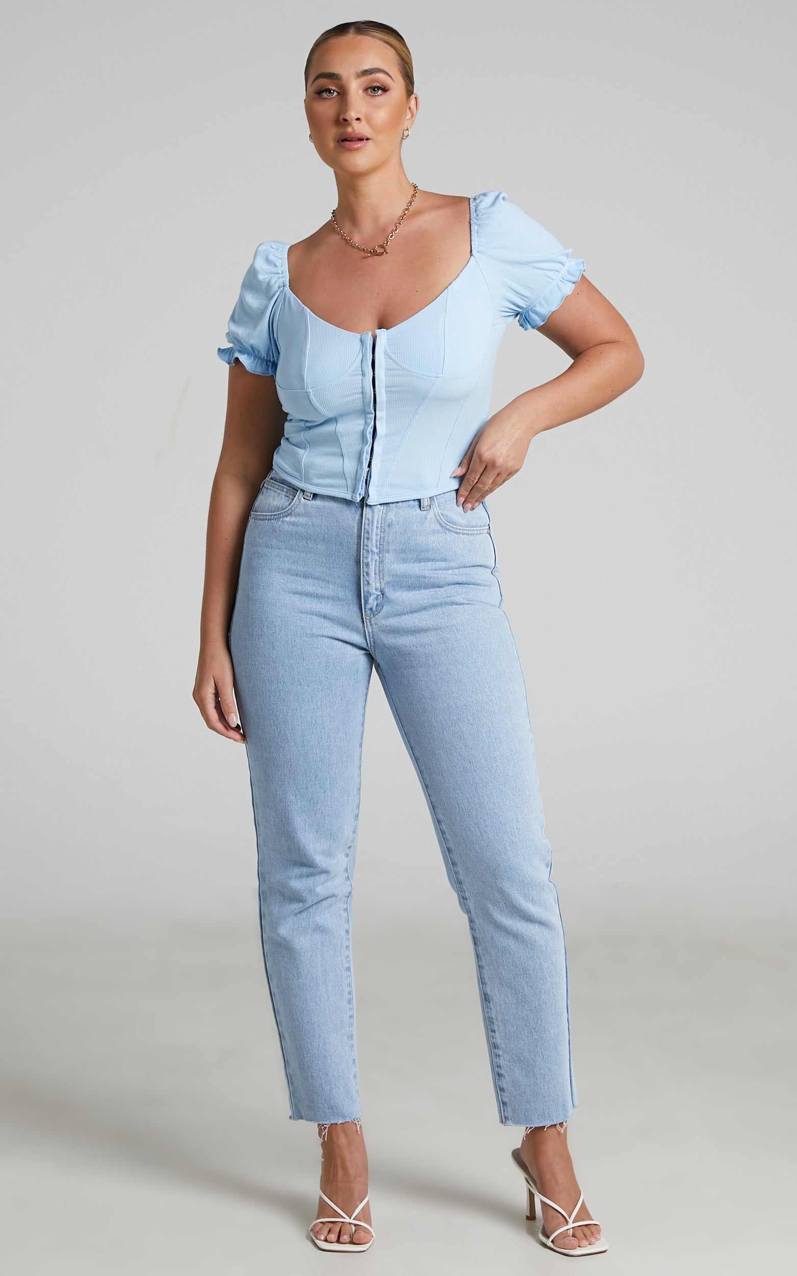 Minash Corset Style Puff Sleeve Top in Blue