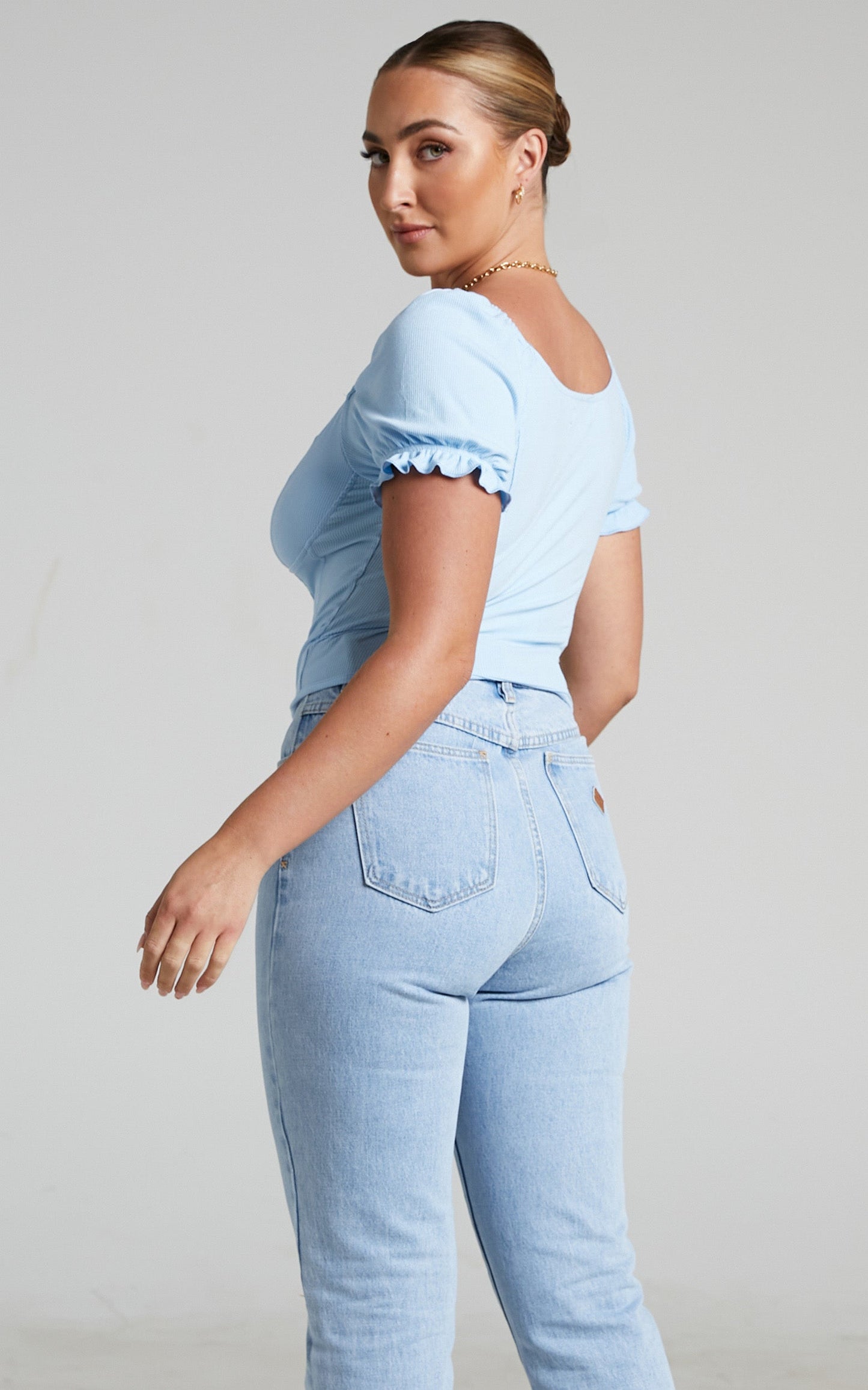 Minash Corset Style Puff Sleeve Top in Blue