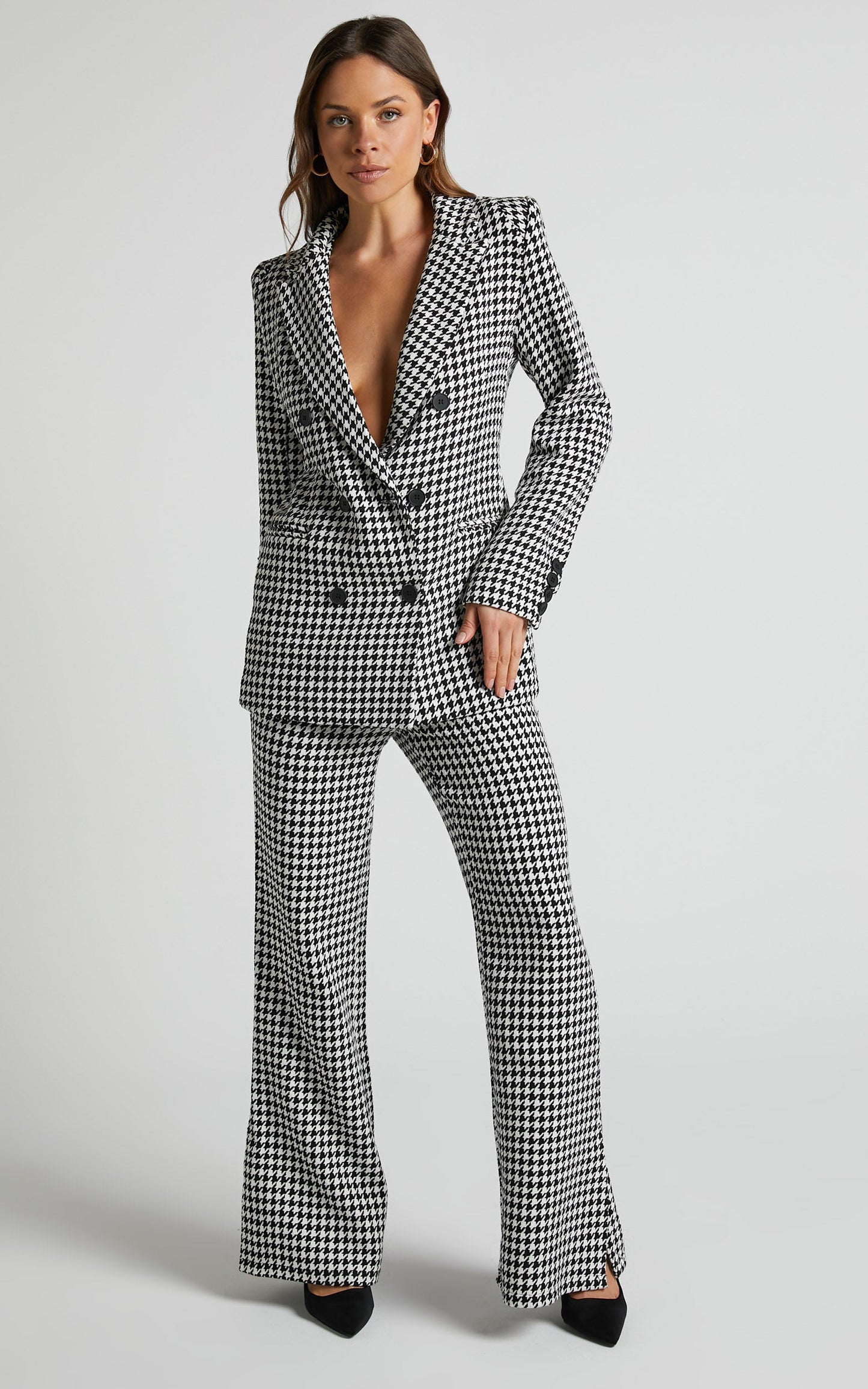 Minie Pants - High Waisted Tailored Split Leg Pants in Black and White Check