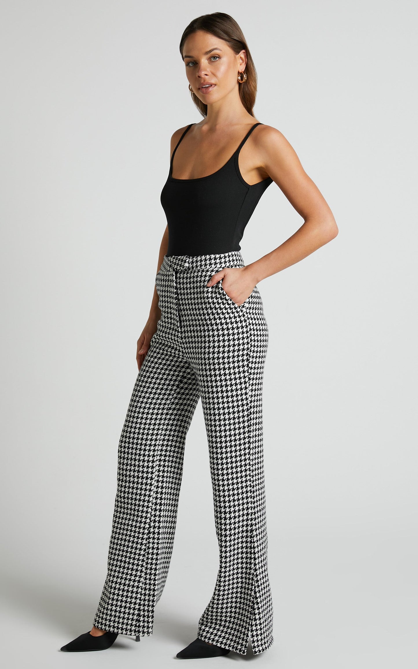 Minie Pants - High Waisted Tailored Split Leg Pants in Black and White Check