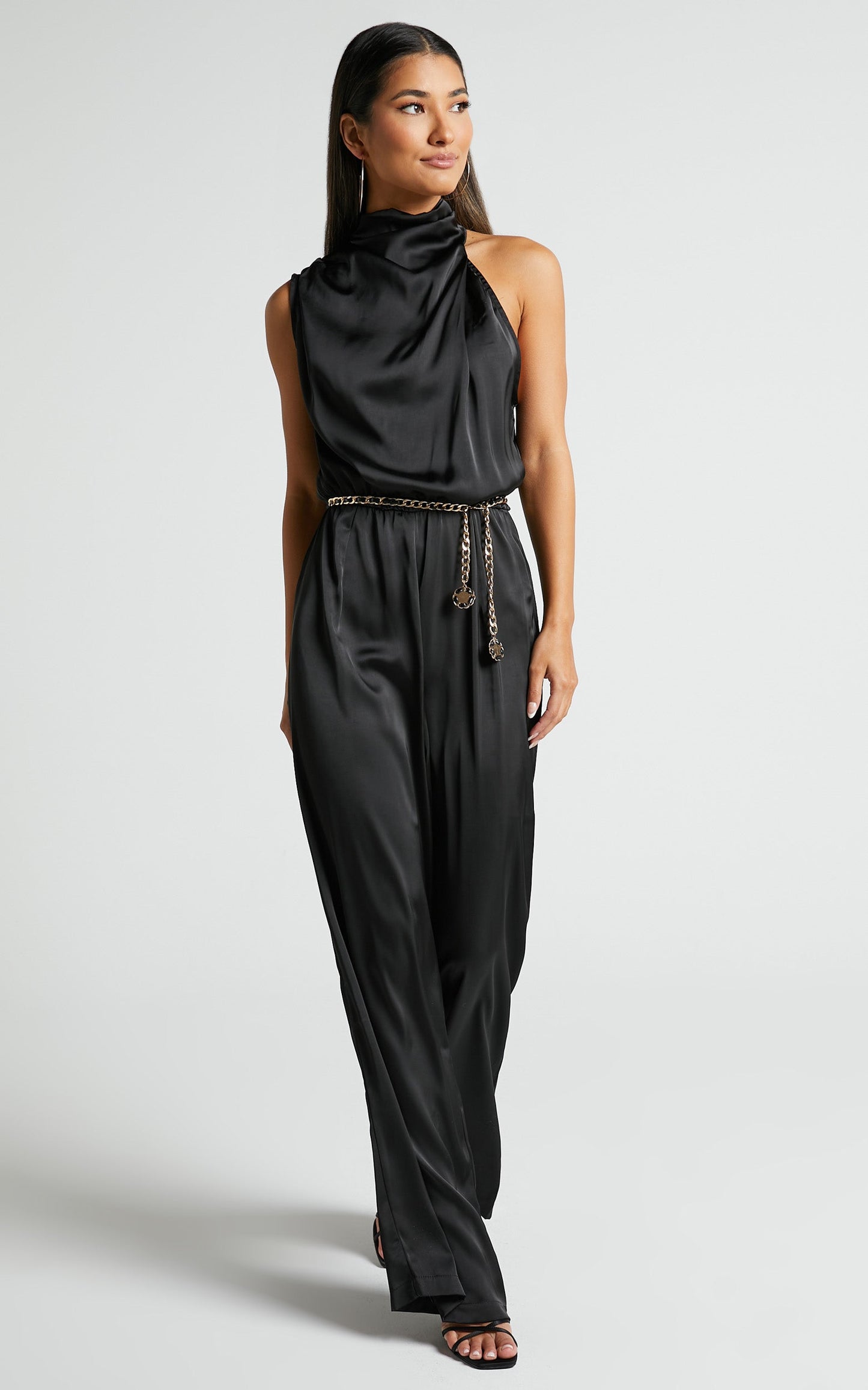Minnie Drape Neck Satin Jumpsuit in Black