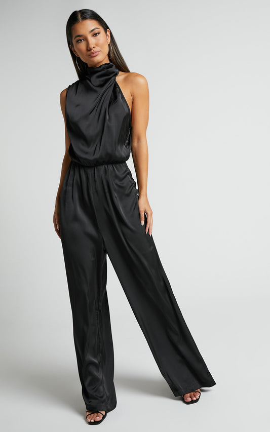 Minnie Drape Neck Satin Jumpsuit in Black