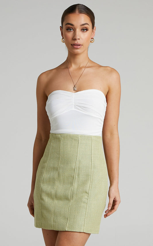 Miree Mini Skirt - Panelled Tweed Skirt in Green