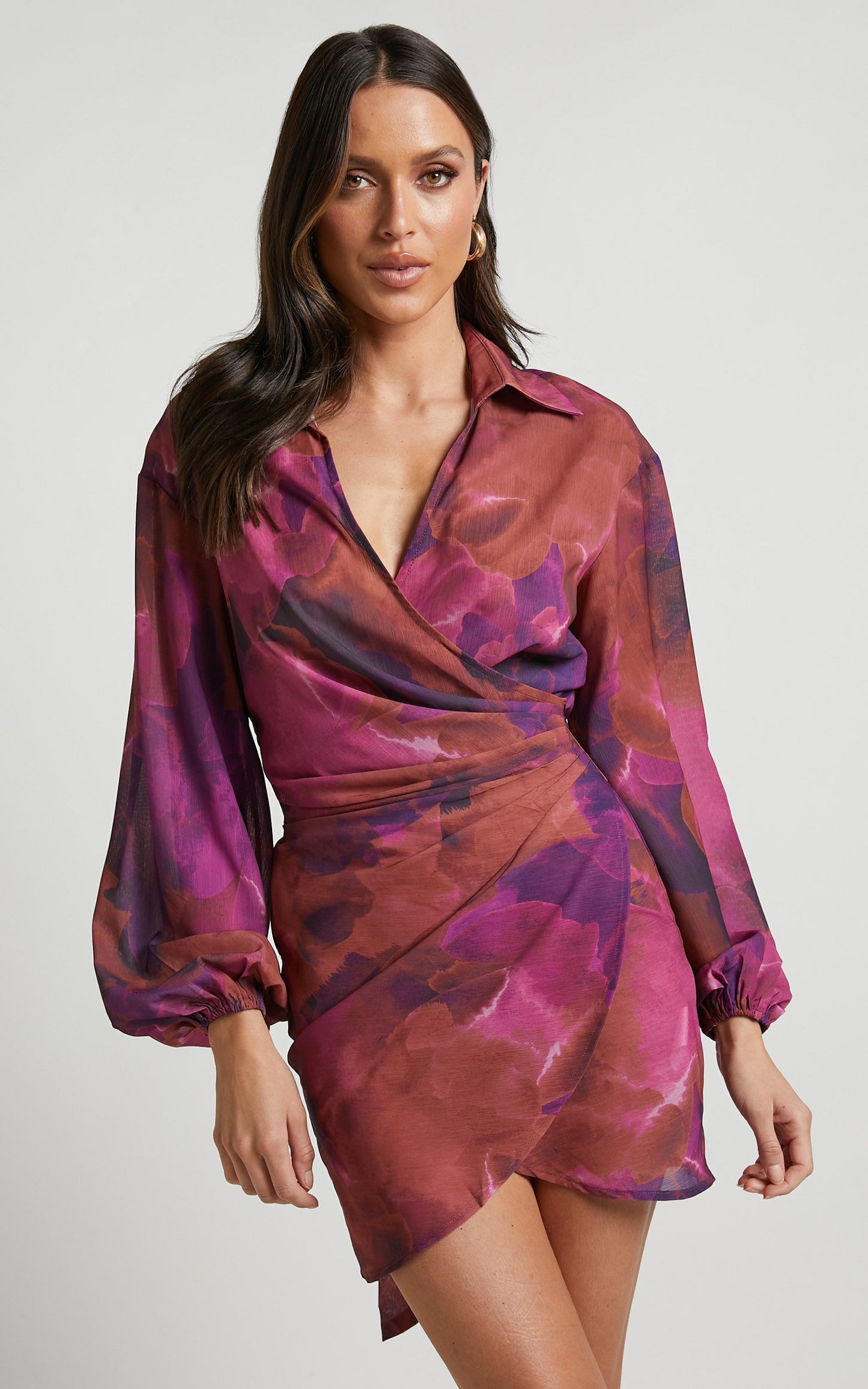 Mirski Mini Dress - Balloon Sleeve Wrap Dress in Blurred Dreams