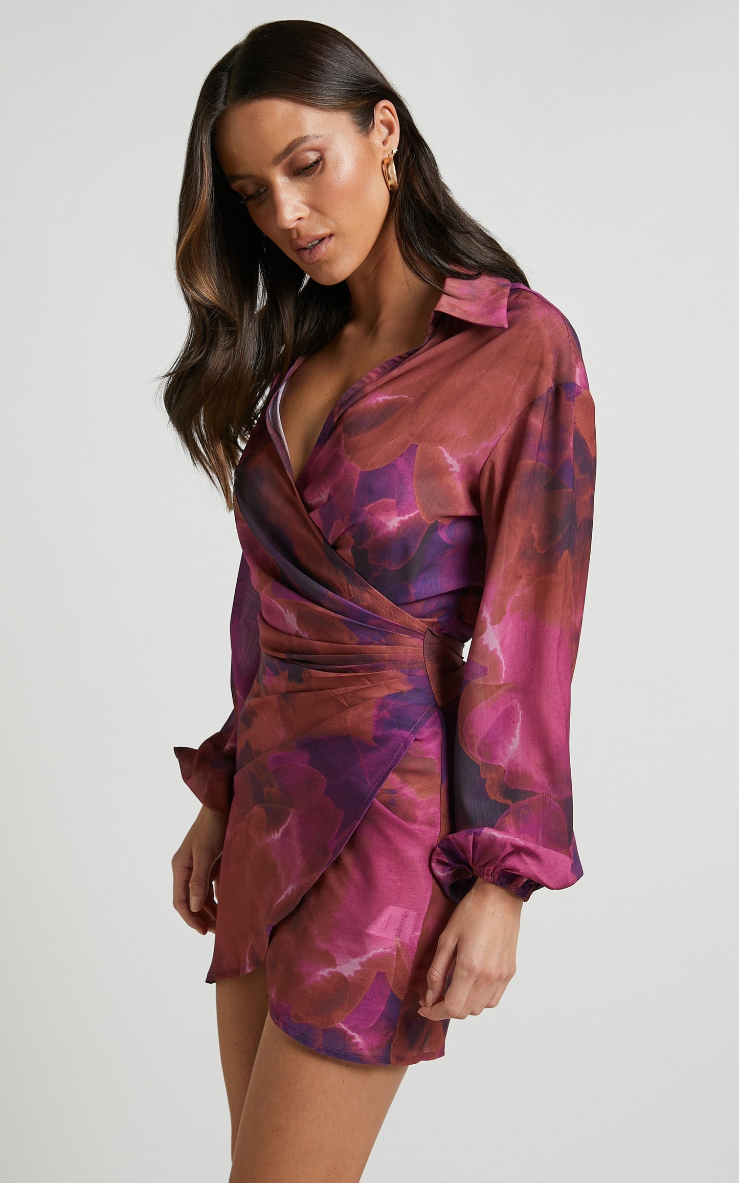 Mirski Mini Dress - Balloon Sleeve Wrap Dress in Blurred Dreams