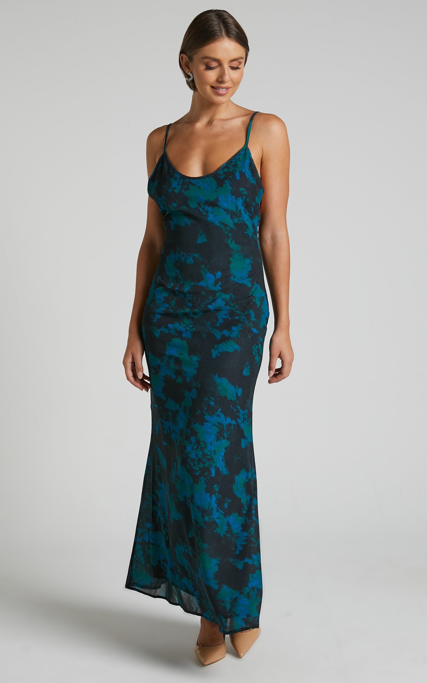Mirski Midi Dress - Low Back Slip Dress in Jewel Blur