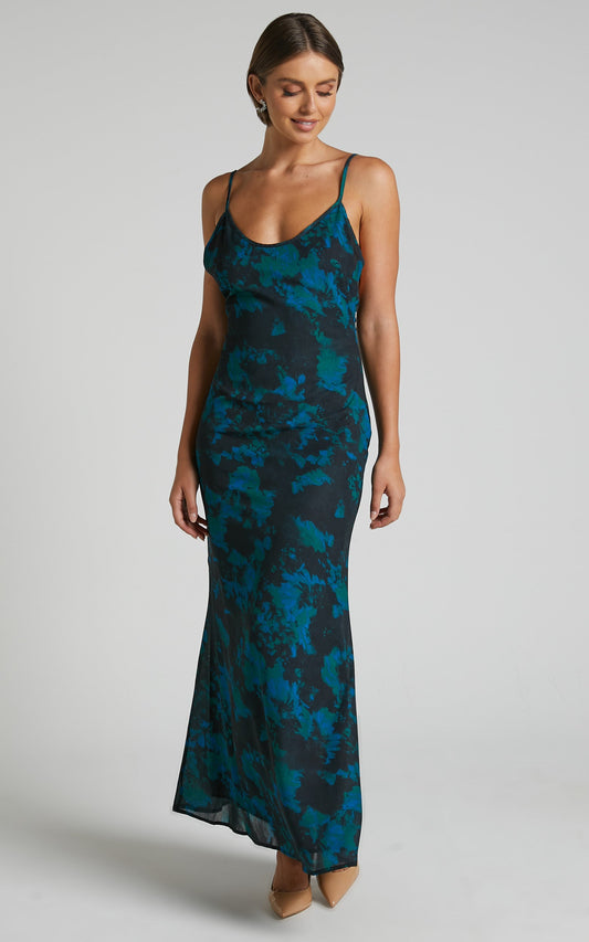 Mirski Midi Dress - Low Back Slip Dress in Jewel Blur