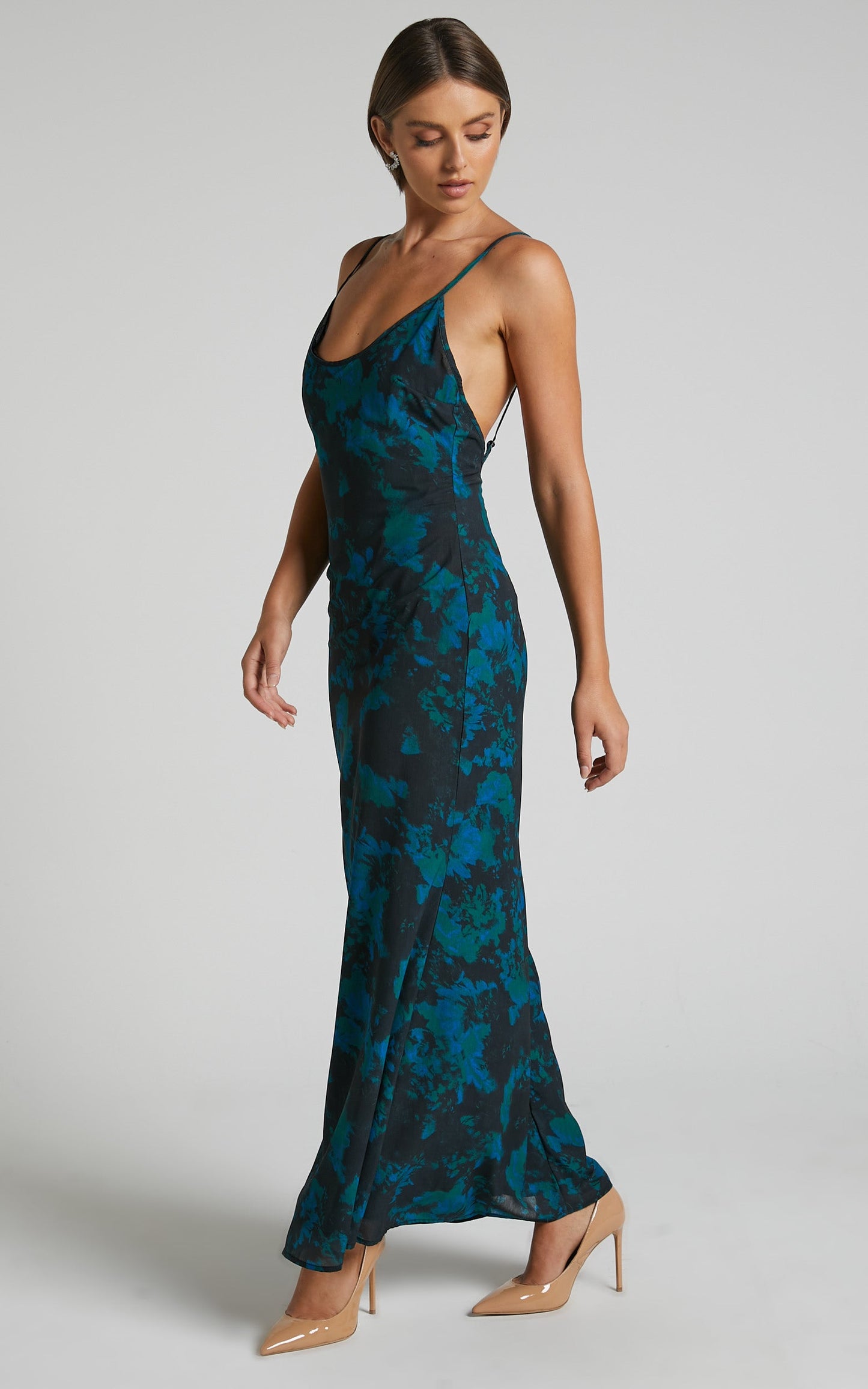Mirski Midi Dress - Low Back Slip Dress in Jewel Blur