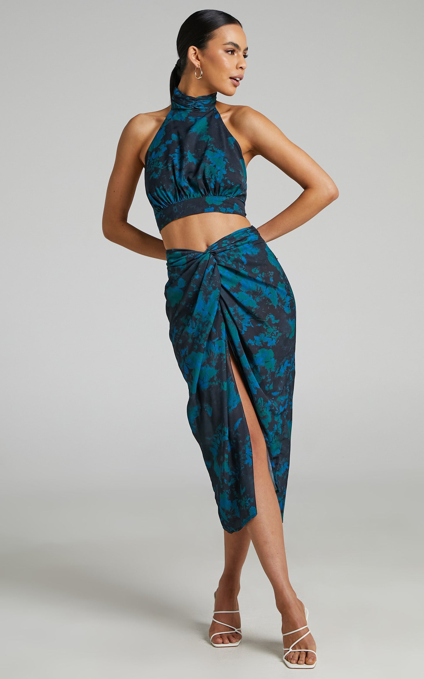 Mirski Two Piece Set - High Neck Halter Top and Twist Front Midi Skirt Set in Jewel Blur