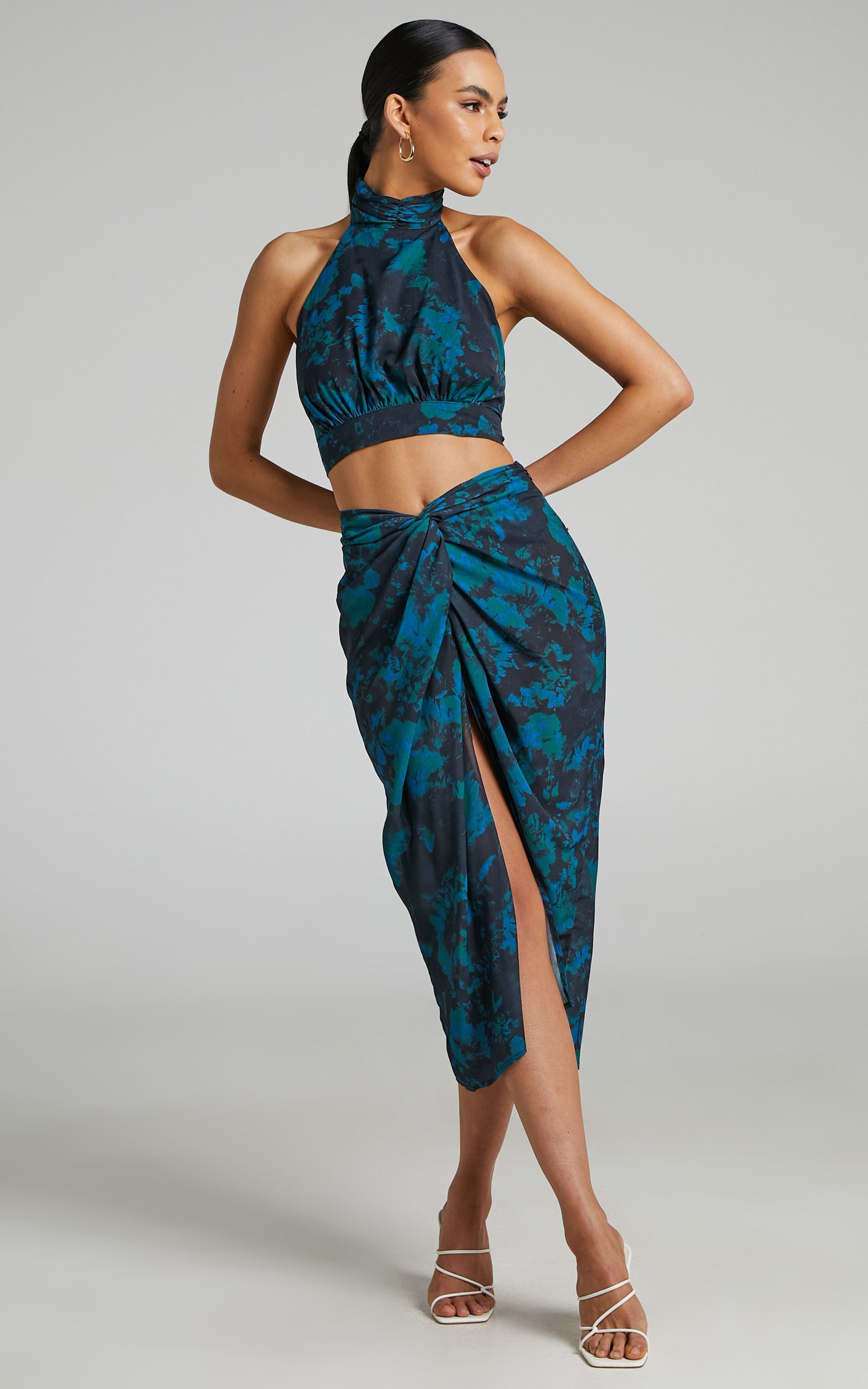 Mirski Two Piece Set - High Neck Halter Top and Twist Front Midi Skirt Set in Jewel Blur