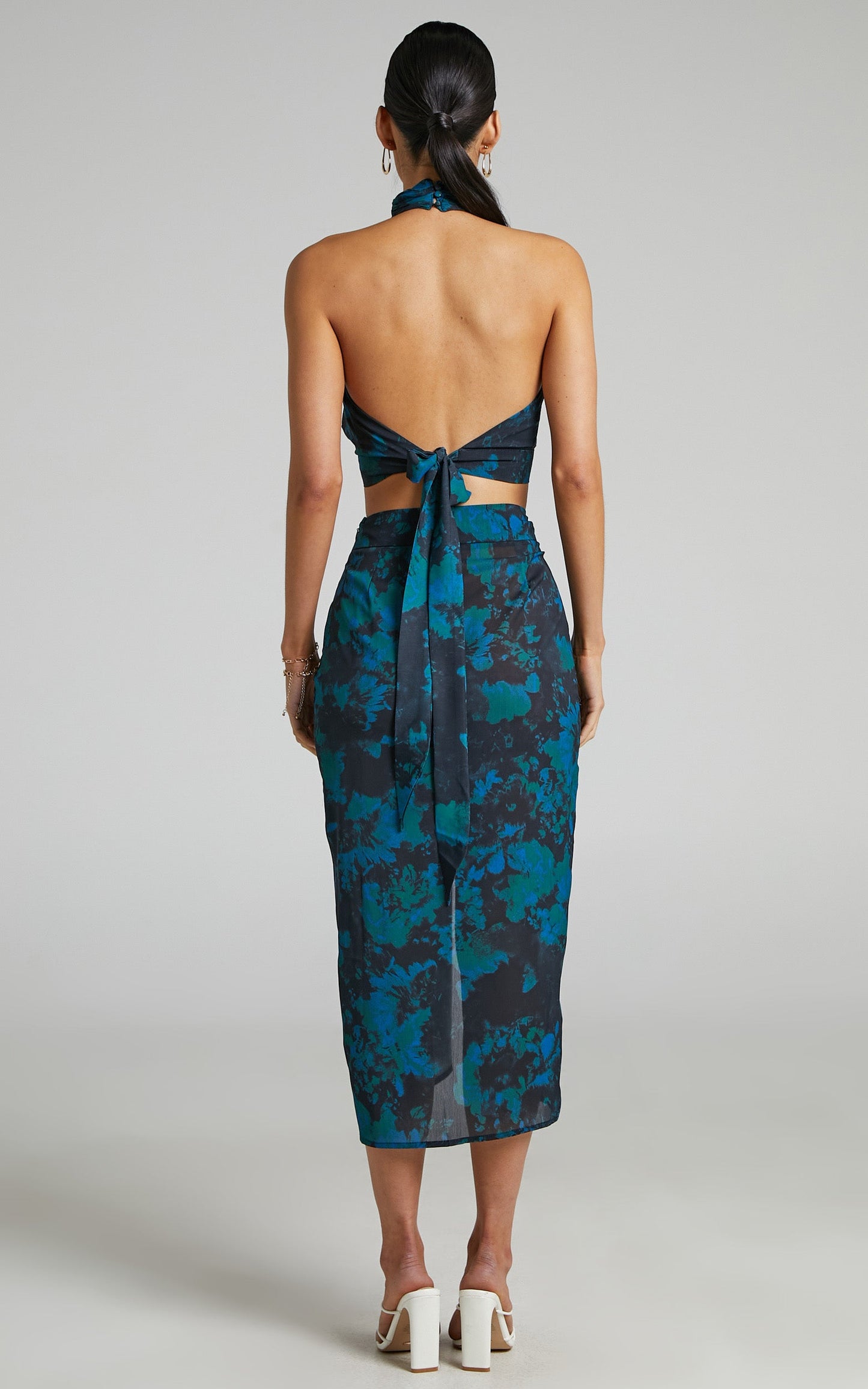 Mirski Two Piece Set - High Neck Halter Top and Twist Front Midi Skirt Set in Jewel Blur