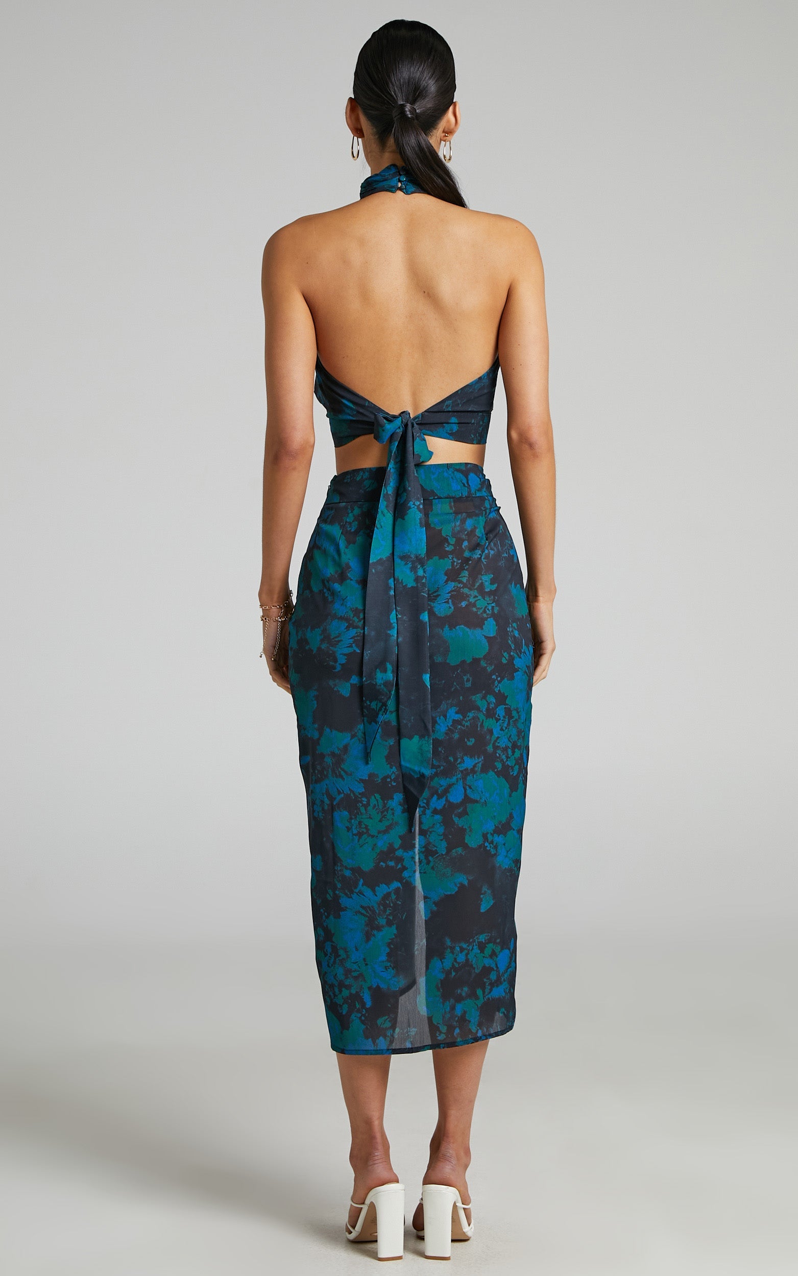 Mirski Two Piece Set - High Neck Halter Top and Twist Front Midi Skirt Set in Jewel Blur