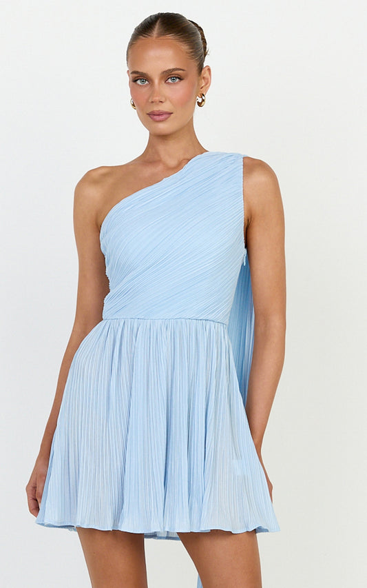 Missy Mini Dress - Plisse One Shoulder Sash Detail Dress in Light Blue