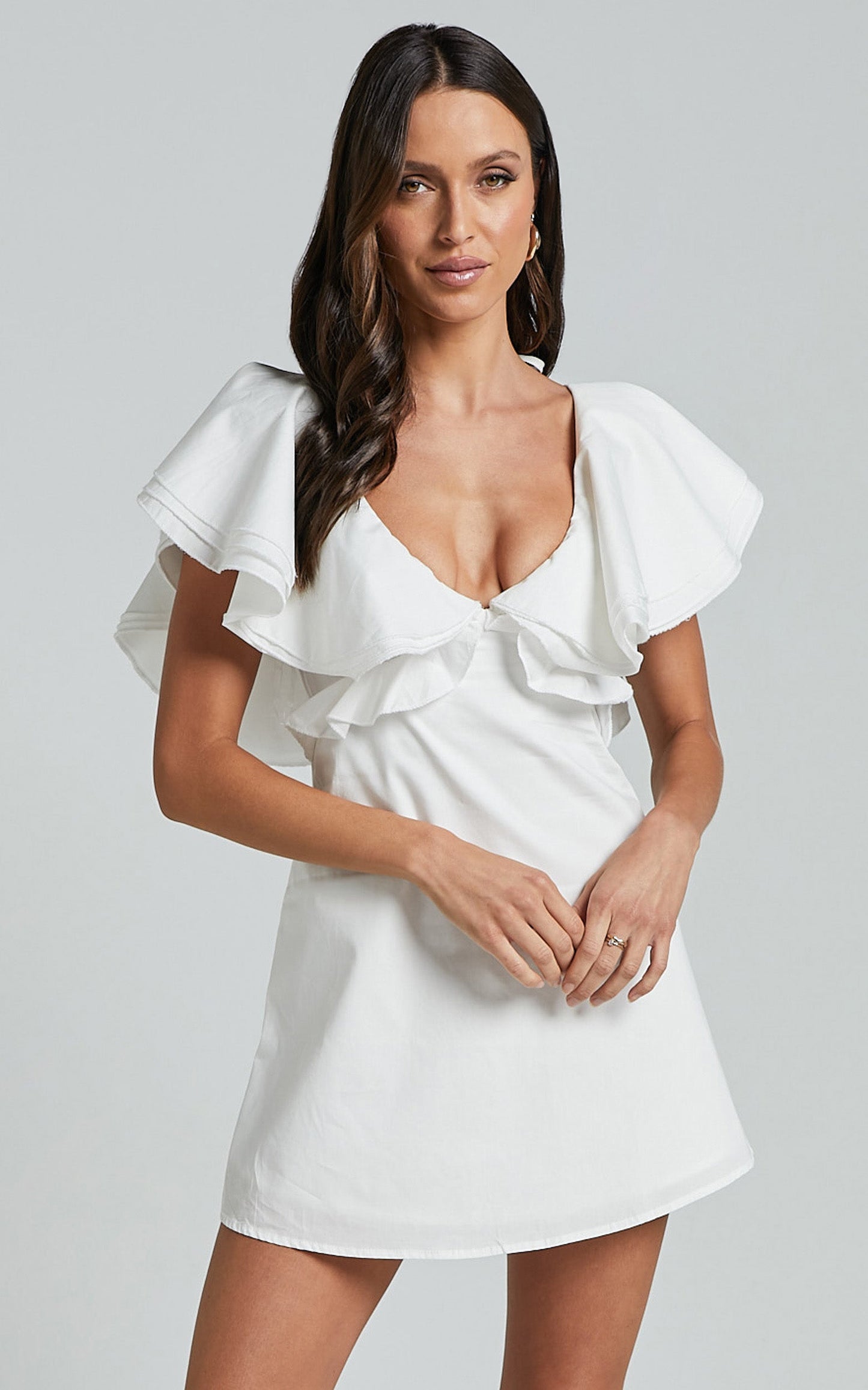 Mitchelle Mini Dress - Plunge Neck Cotton Babydoll Dress in White