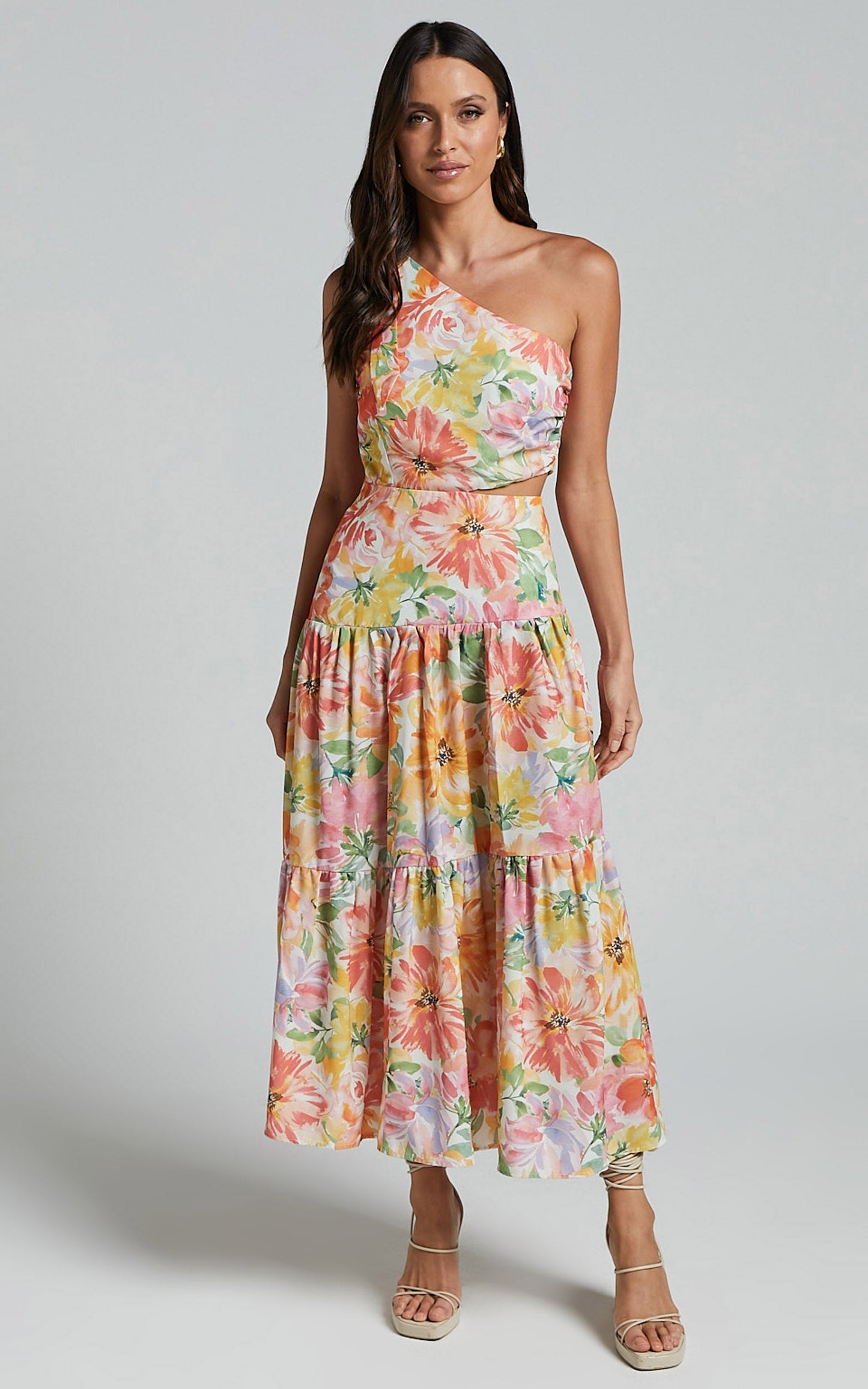 Mitzy Midi Dress - One Shoulder Cut Out Tiered Dress in Summer Floral