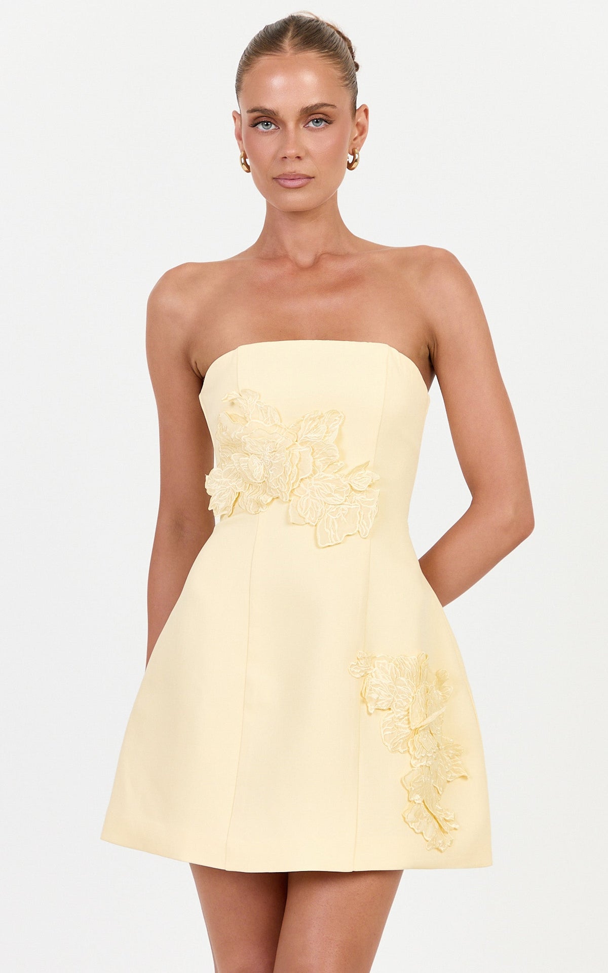 Moana Mini Dress - Strapless Floral Embellished Structured Dress in Butter Yellow