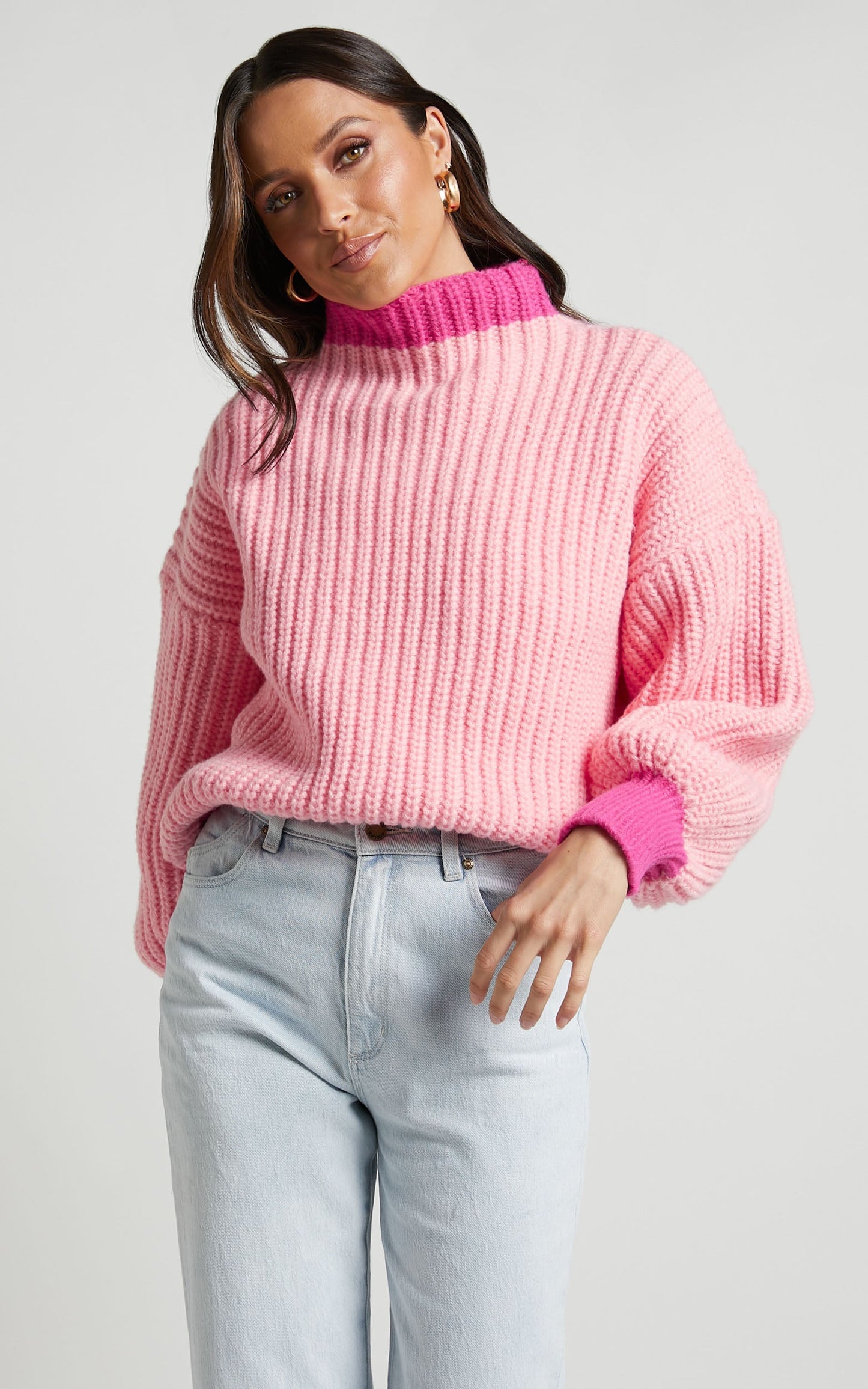 Moises Jumper - Colour Block Bishop Sleeve Knit Jumper in Pink