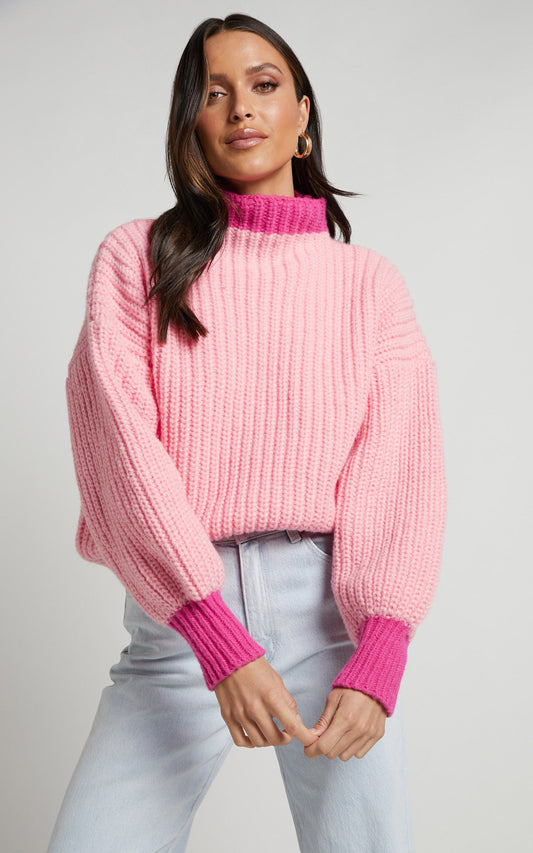 Moises Jumper - Colour Block Bishop Sleeve Knit Jumper in Pink