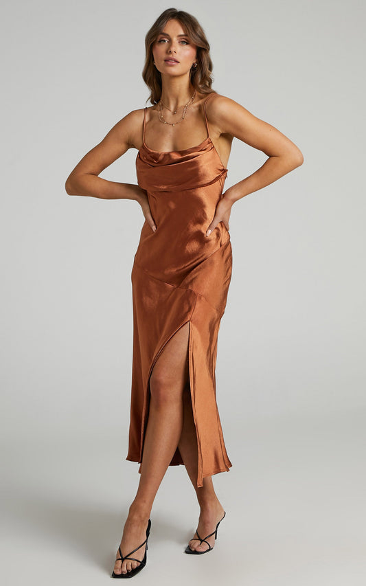 Monica Dress in Chocolate Satin