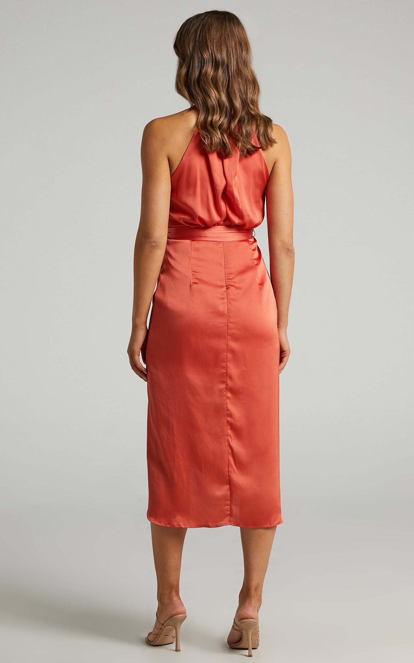 Montreal Midi Dress with High Neckline in Rust Satin