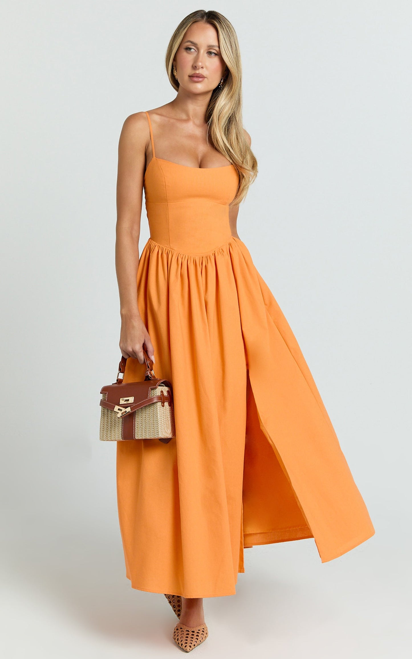 Morris Midi Dress - Linen Scoop Neck Gathered Dress in Orange