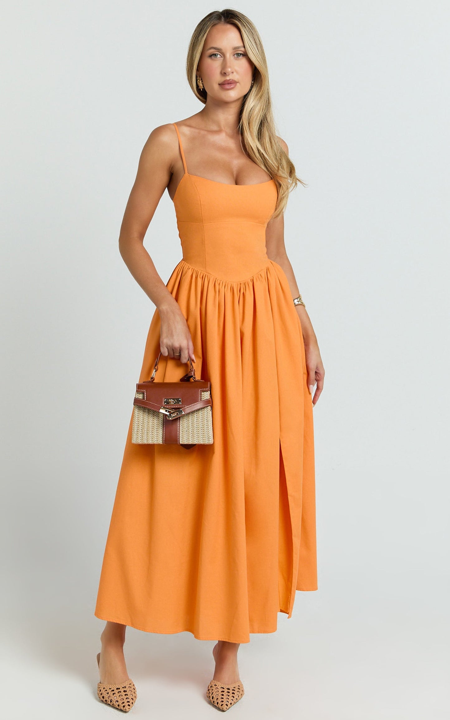Morris Midi Dress - Linen Scoop Neck Gathered Dress in Orange