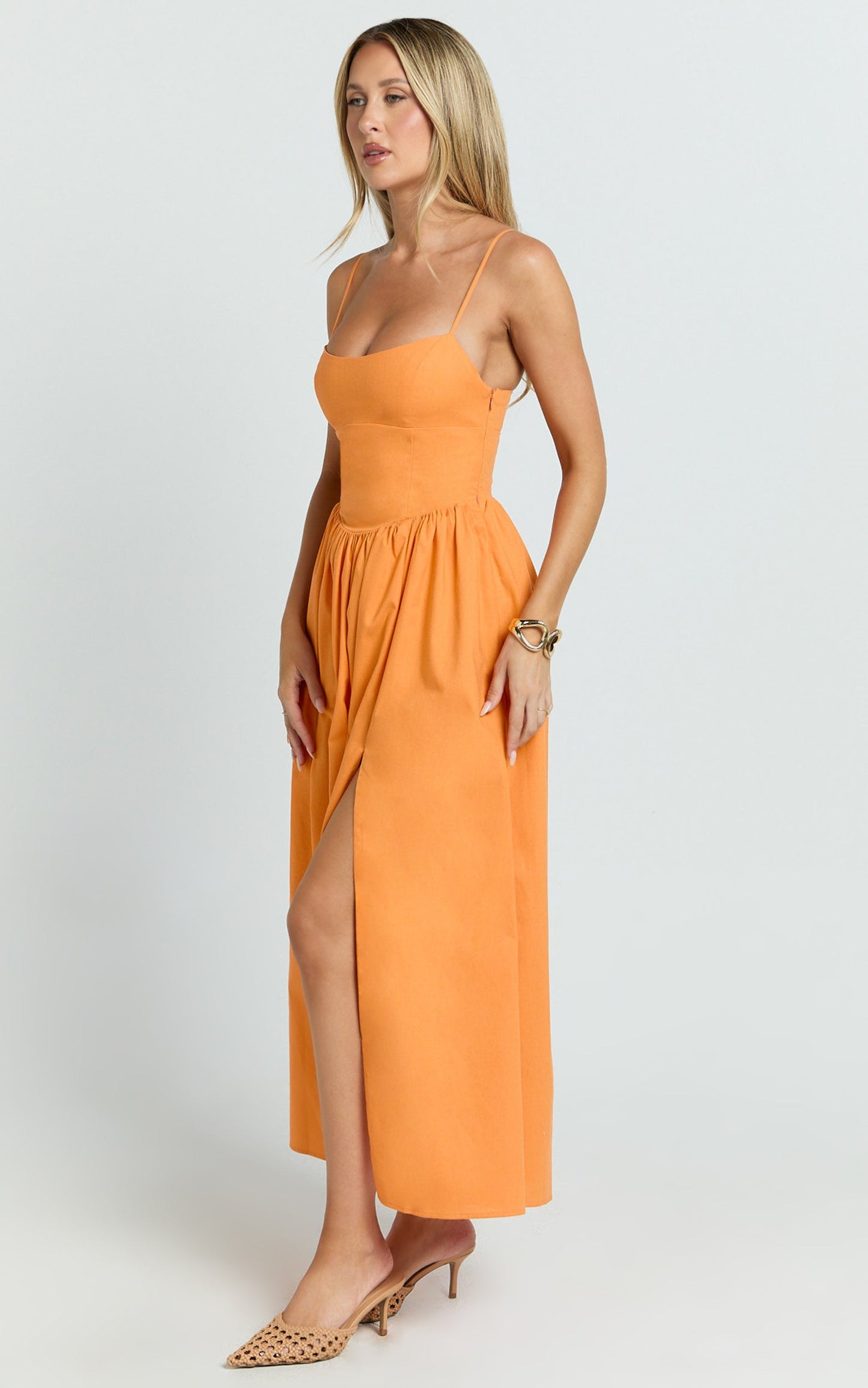 Morris Midi Dress - Linen Scoop Neck Gathered Dress in Orange