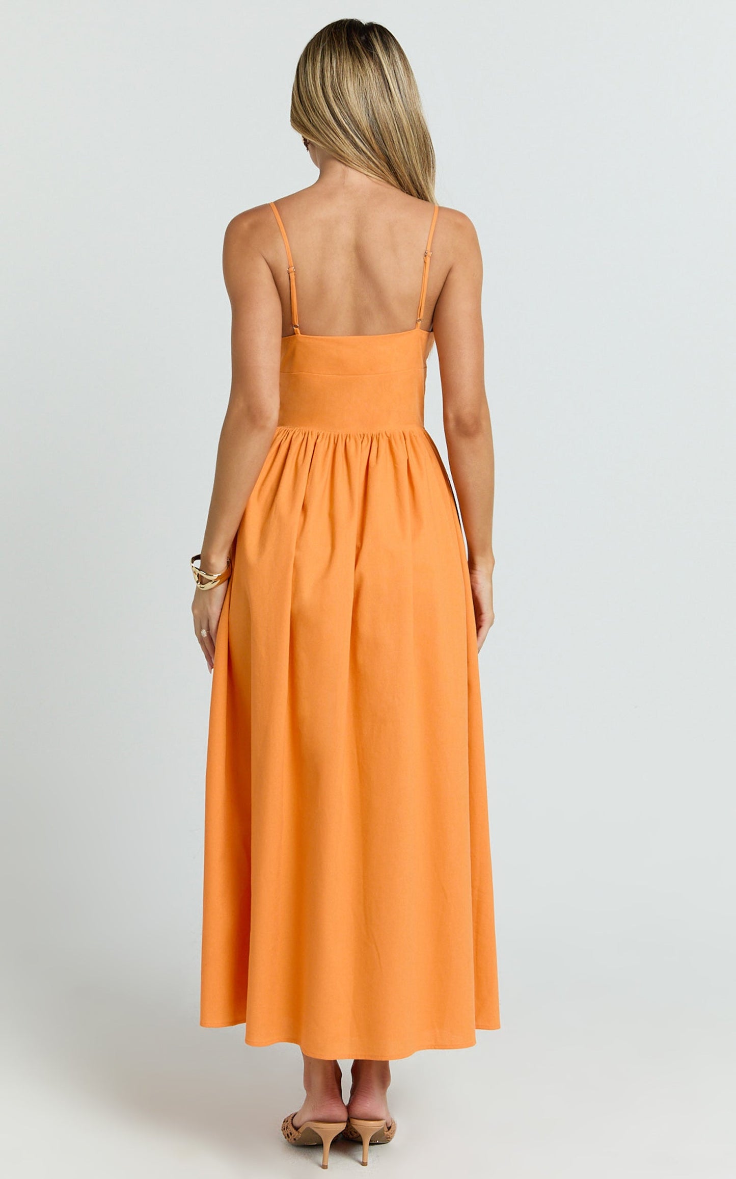 Morris Midi Dress - Linen Scoop Neck Gathered Dress in Orange