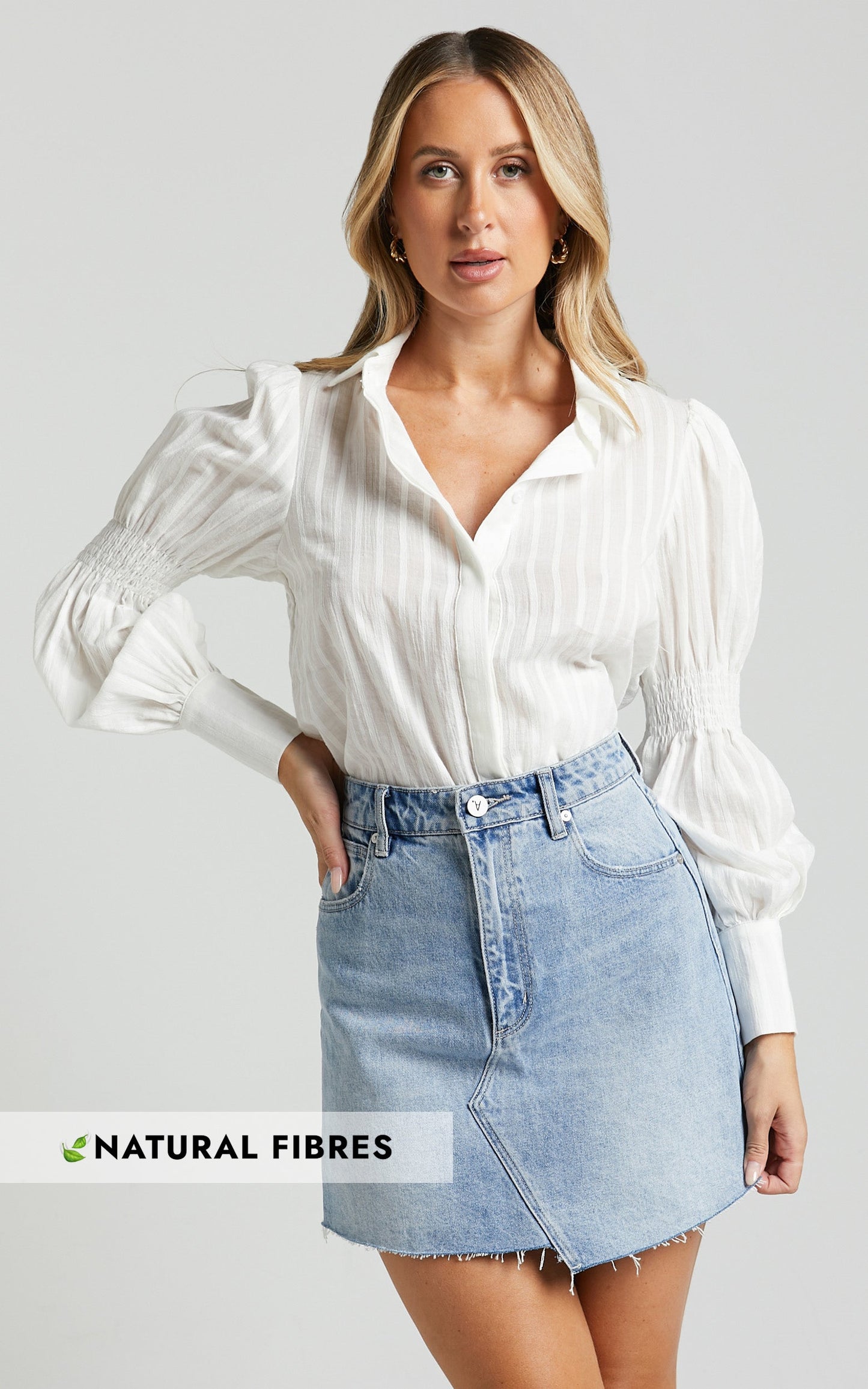 Mortez Top - Collared Button Through Shirred Detail Shirt in White