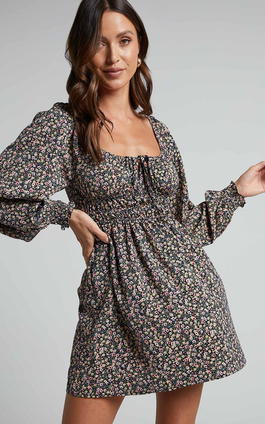 Muditha Mini Dress - Balloon Sleeve Shirred Waist Dress in Black Base Floral