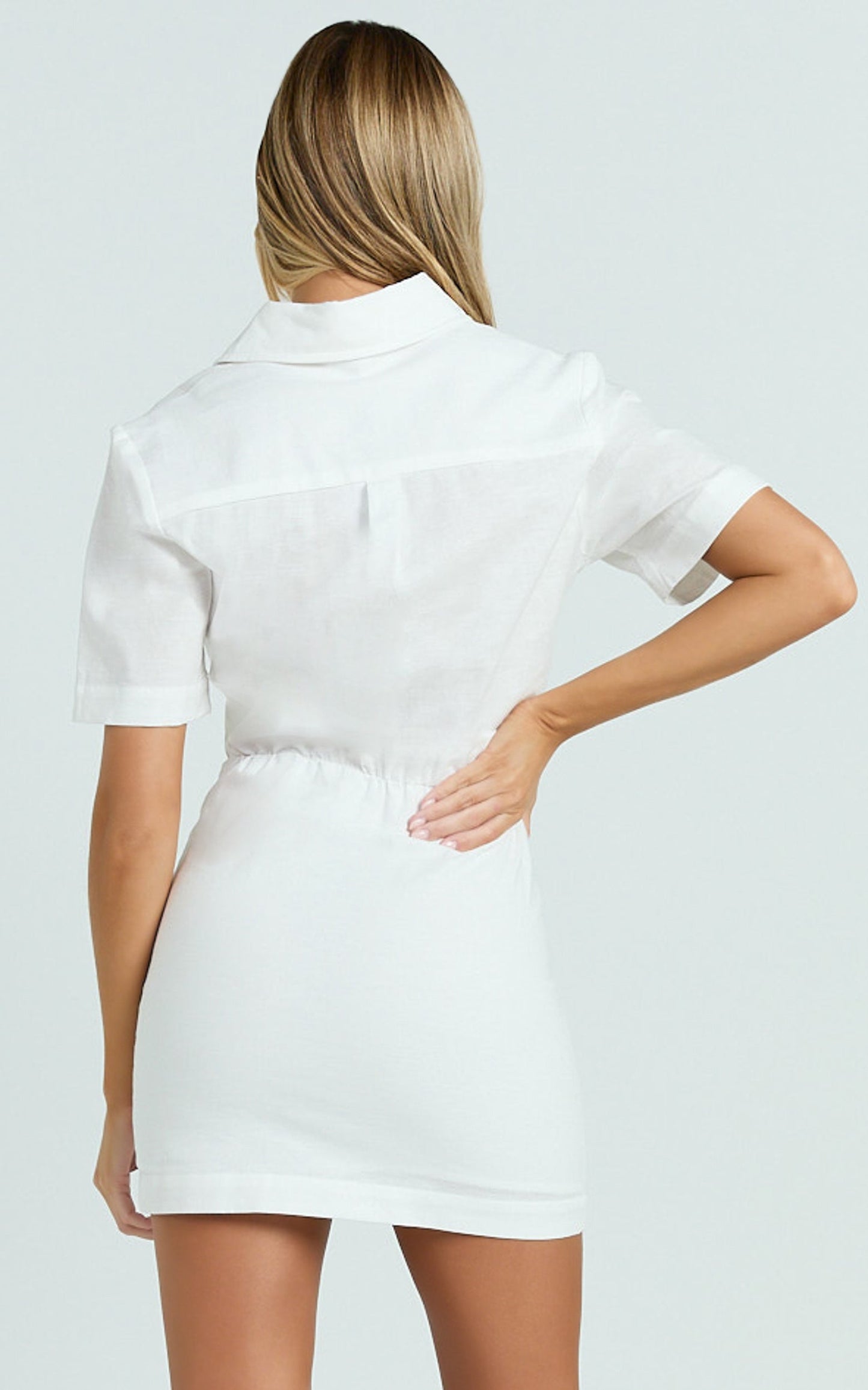 Muriel Mini Dress - Blouson Linen Blend Shirt Dress in Off White