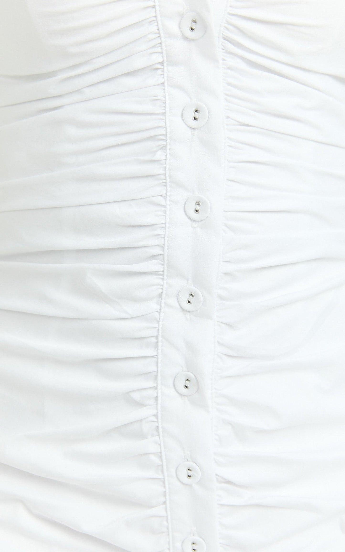 Mya Mini Dress - Scoop Neck Ruched Button Front Puff Sleeve Dress in White