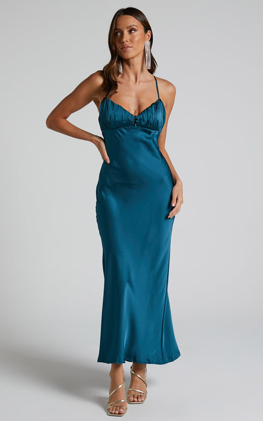 Mylah Midi Dress - Gathered V Neck Satin Dress in Teal