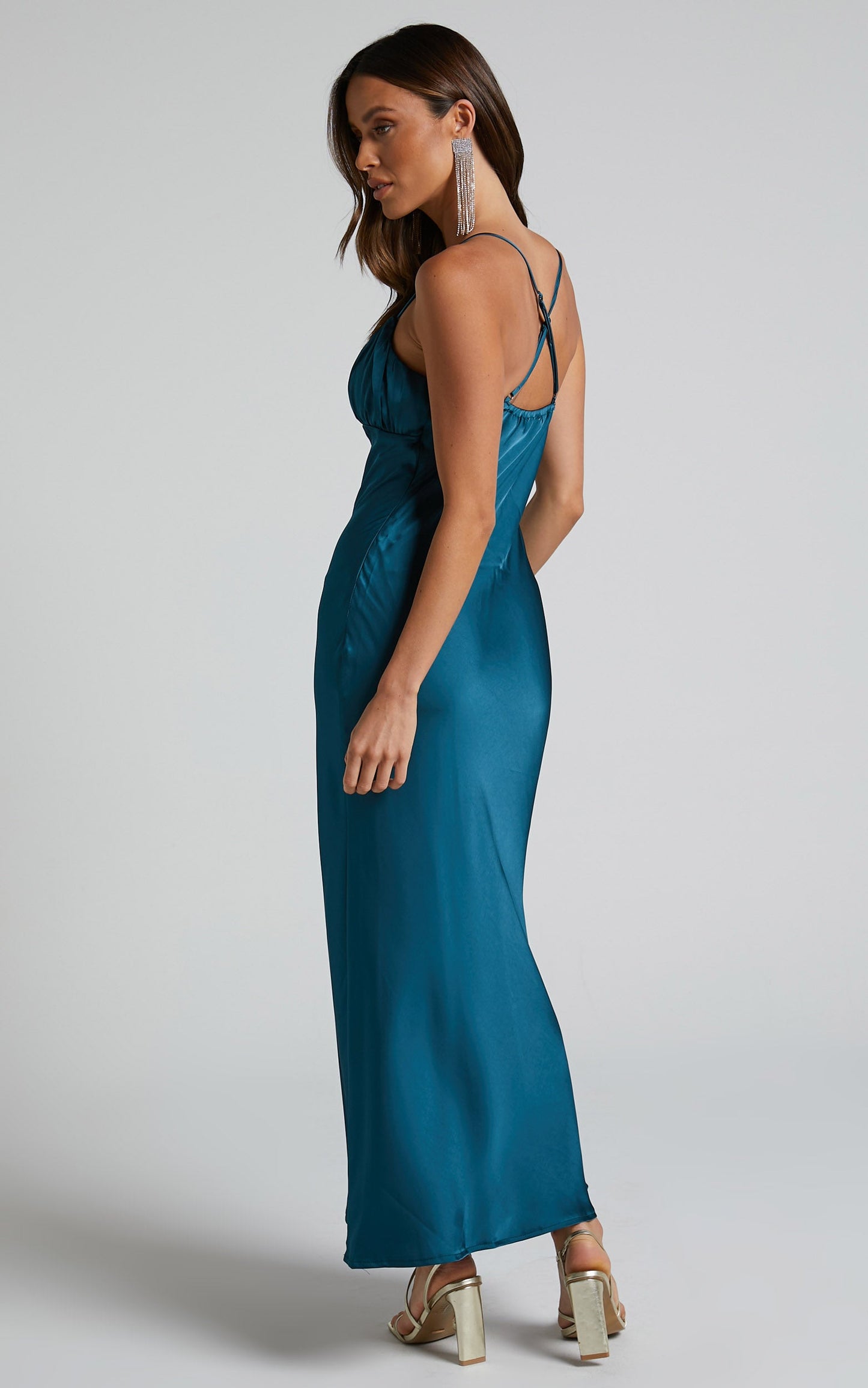 Mylah Midi Dress - Gathered V Neck Satin Dress in Teal