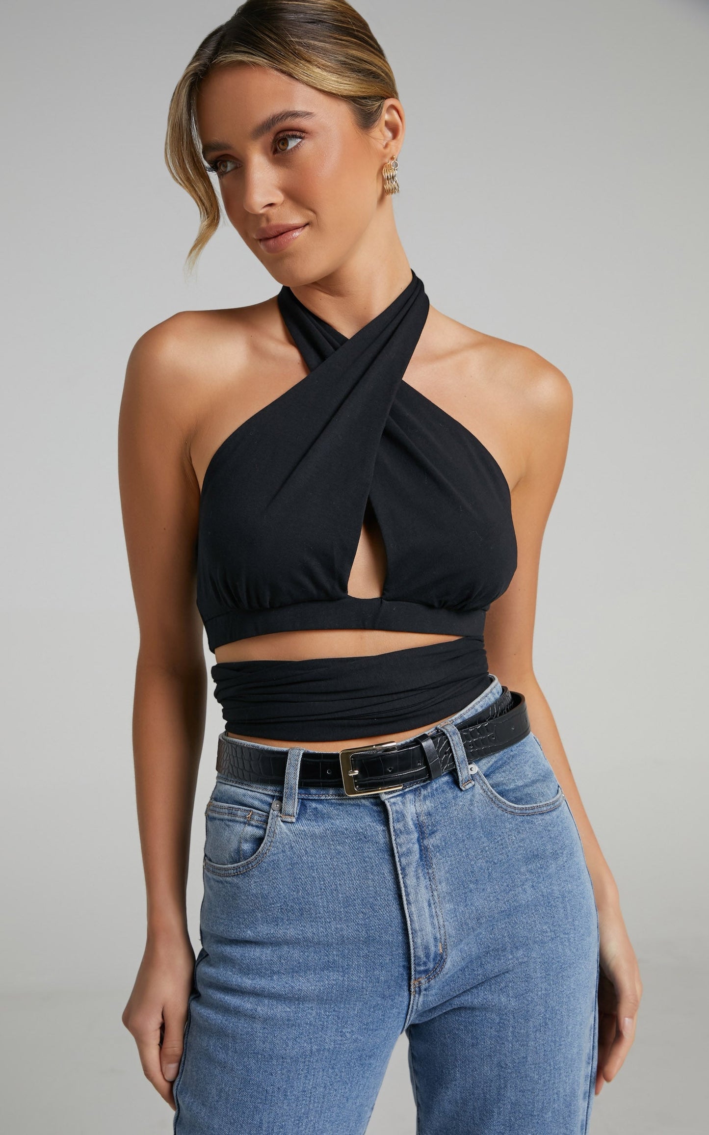 Naida Top - Twist Halter Neck Top in Black