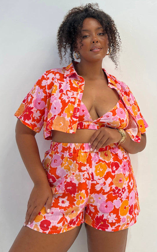 Nikoletta Three Piece Set - Linen Collared Shirt Bralette and Mini Skirt in Flower Power