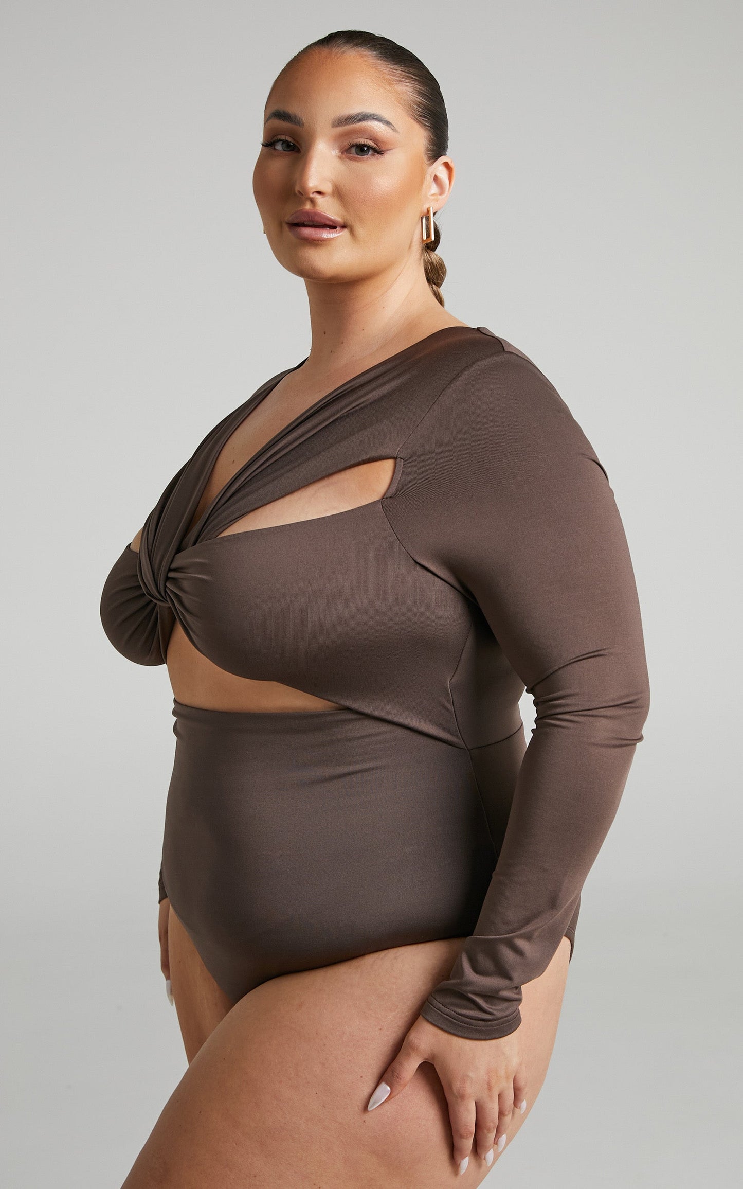 Nadia Bodysuit - Twist Front Cut Out Long Sleeve Bodysuit in Mushroom