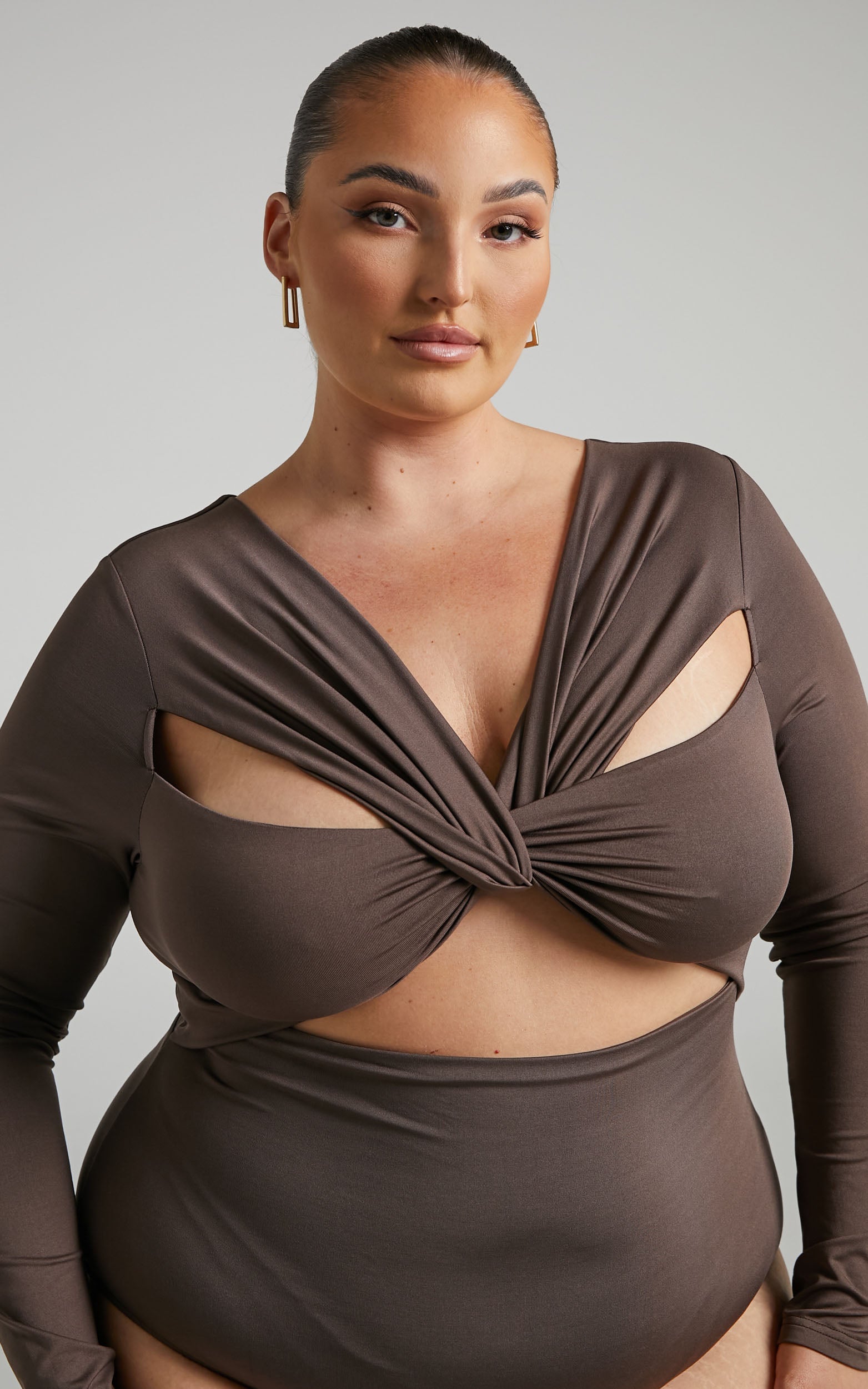 Nadia Bodysuit - Twist Front Cut Out Long Sleeve Bodysuit in Mushroom