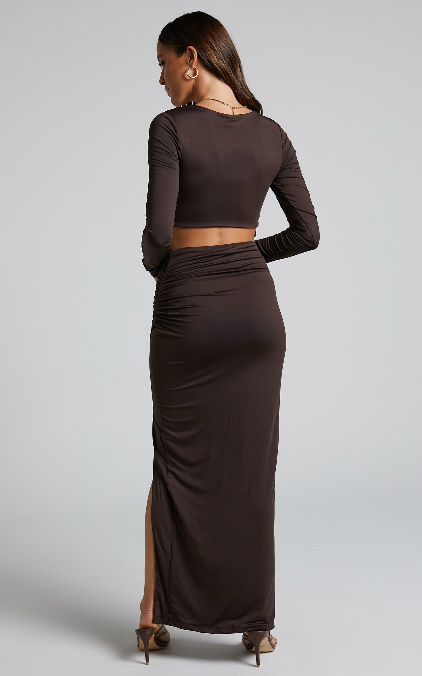 Nadia Two Piece - Twist Front Crop Top and Faux Wrap Midi Skirt Set in Dark Chocolate