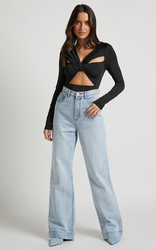 Nadia Bodysuit - Twist Front Cut Out Long Sleeve Bodysuit in Black