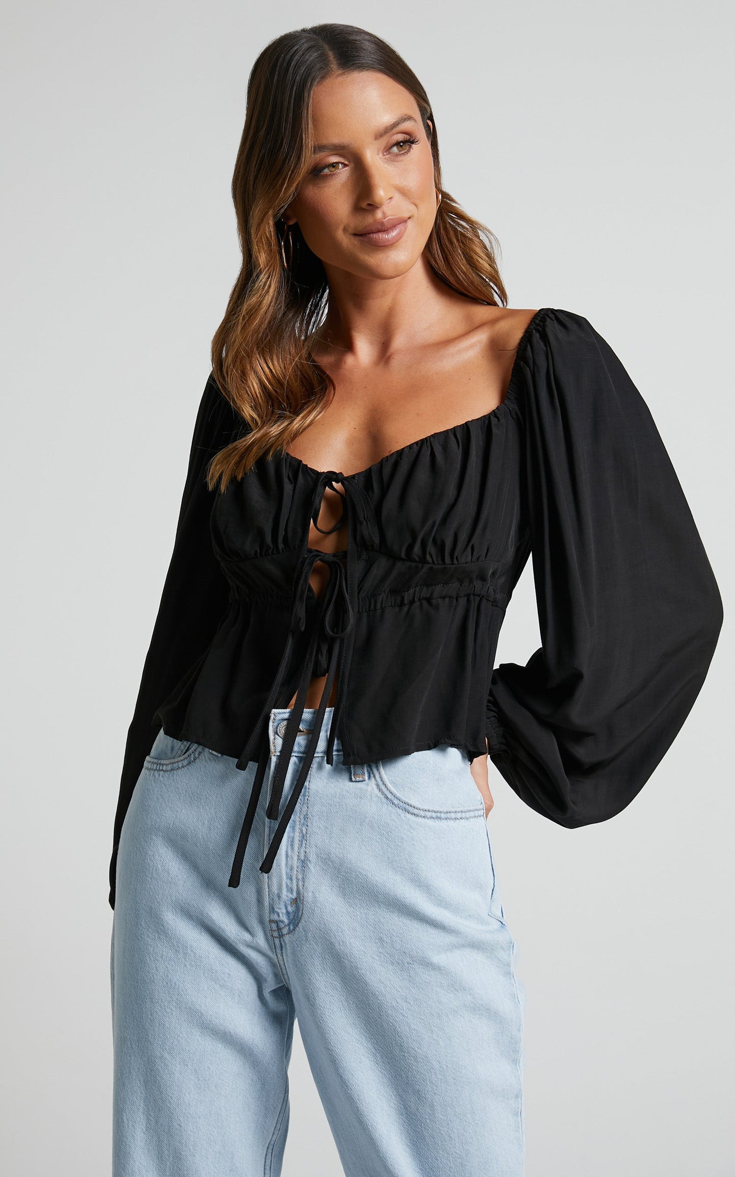Nadine Top - Long Sleeve Ruched Bust Top in Black