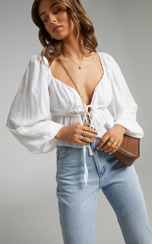 Nadine Top - Long Sleeve Ruched Bust Top in White