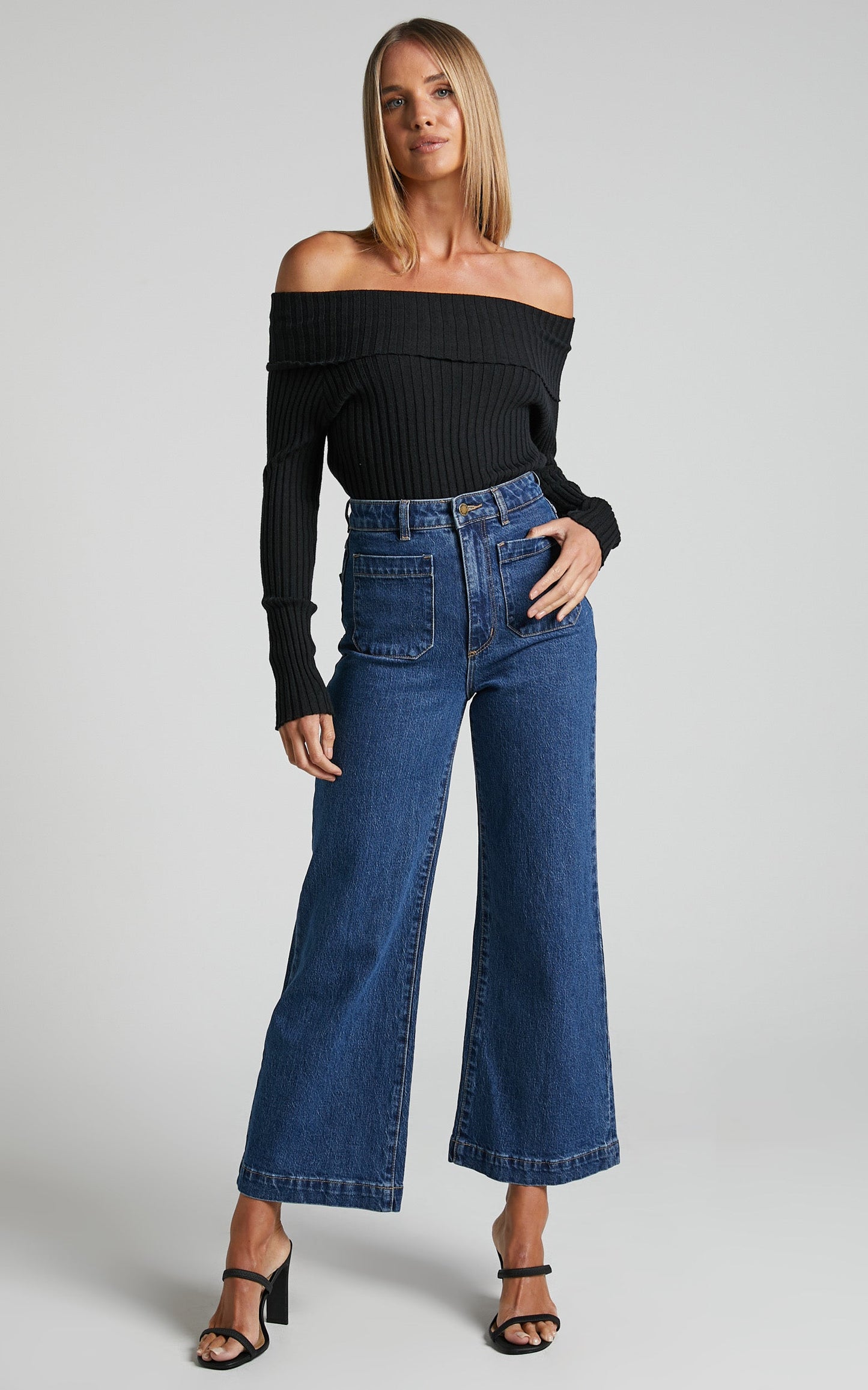 Nahla Top - Off The Shoulder Long Sleeve Knit Top in Black