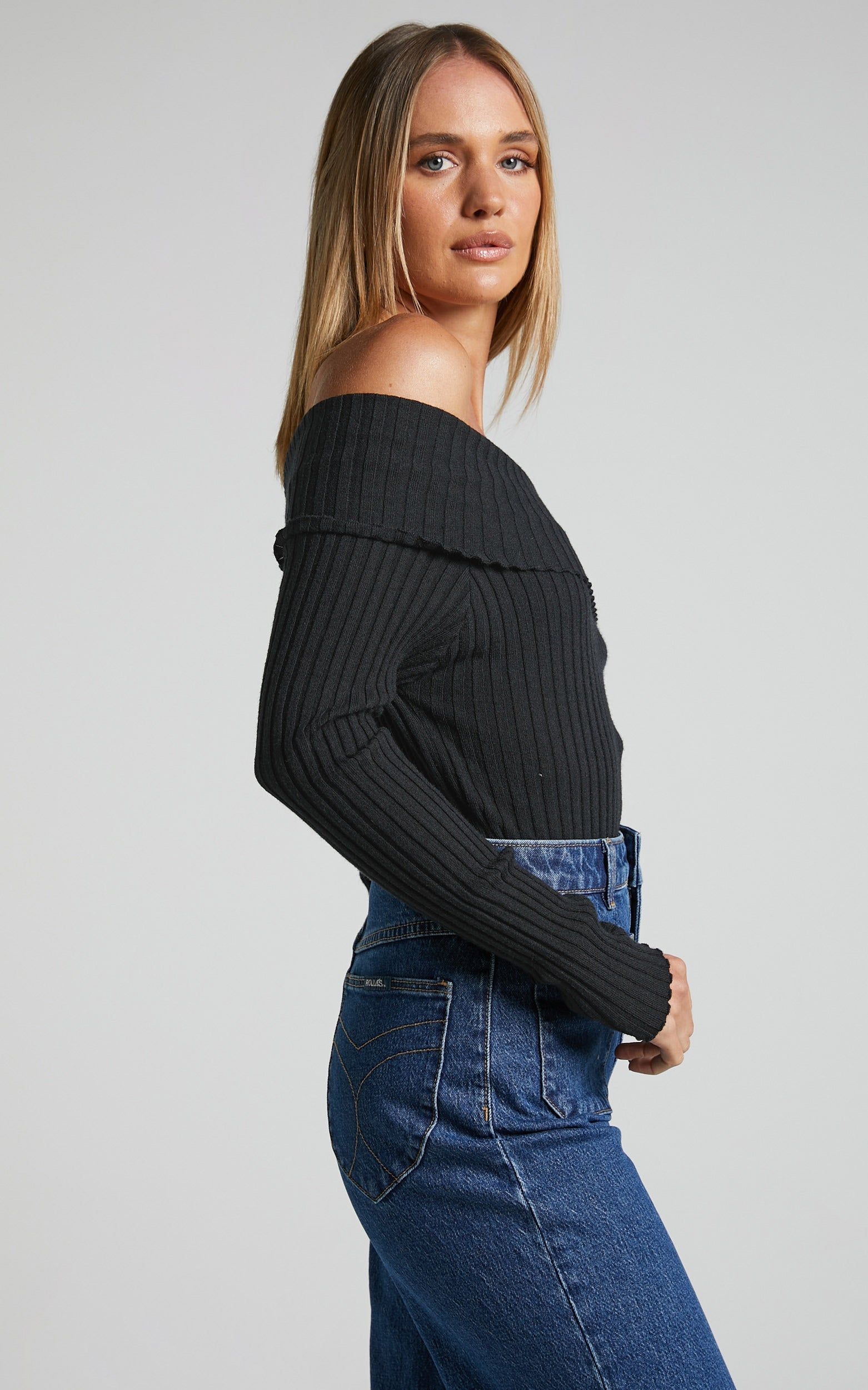 Nahla Top - Off The Shoulder Long Sleeve Knit Top in Black