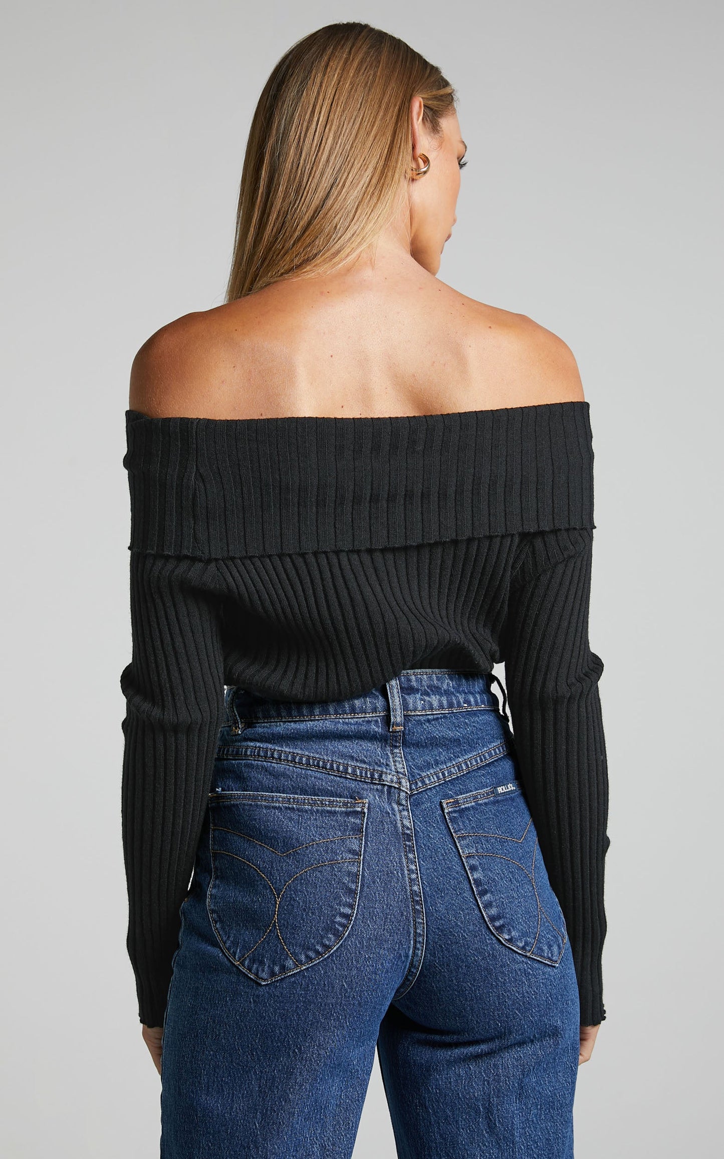 Nahla Top - Off The Shoulder Long Sleeve Knit Top in Black