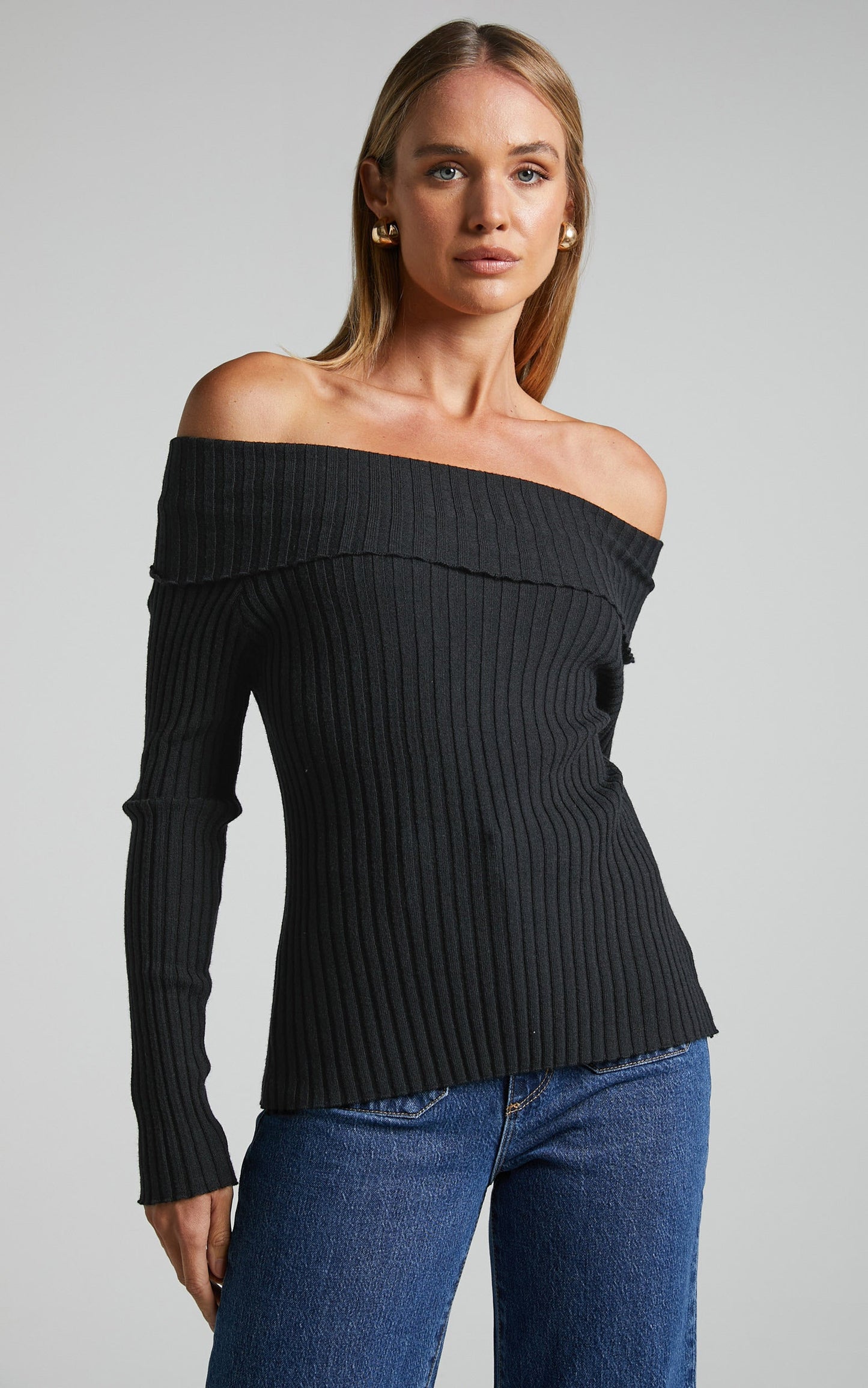 Nahla Top - Off The Shoulder Long Sleeve Knit Top in Black