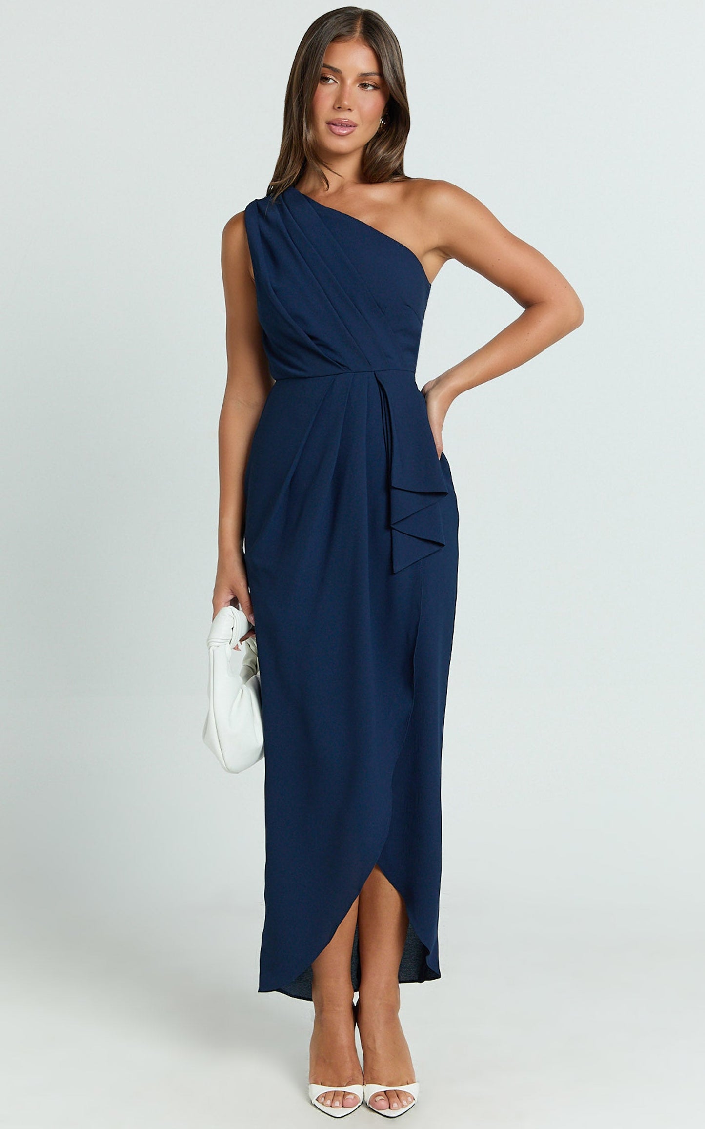 Namaari Midi Dress - Faux Wrap One Shoulder Dress in Navy