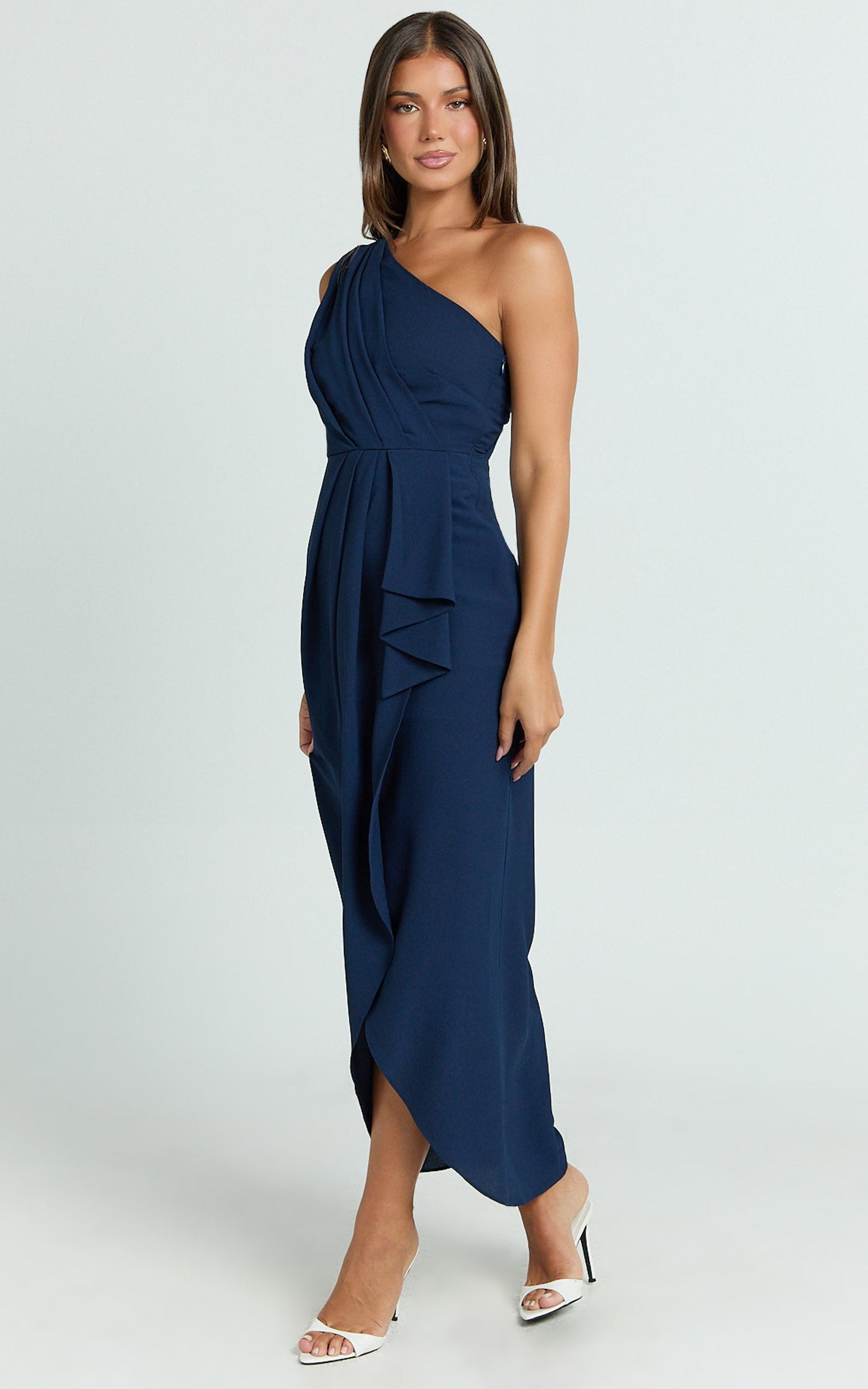 Namaari Midi Dress - Faux Wrap One Shoulder Dress in Navy